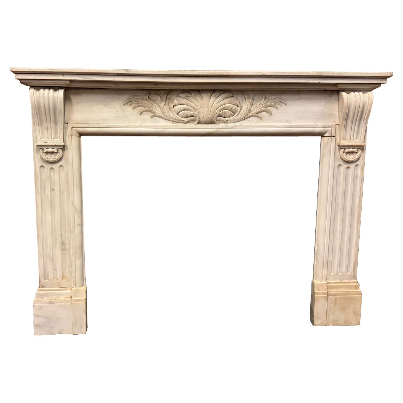 Carved white Carrara marble fireplace mantle, Italy For Sale