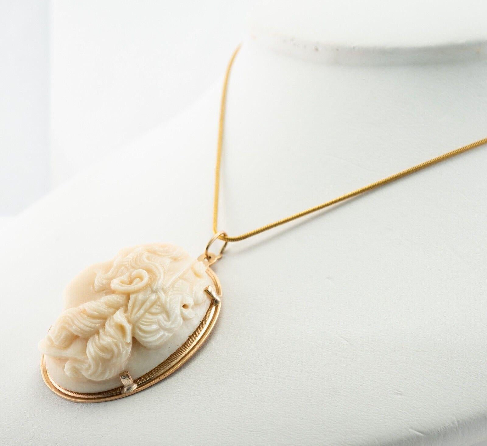 Carved White Coral Cameo Pendant 14K Gold Vintage For Sale 5