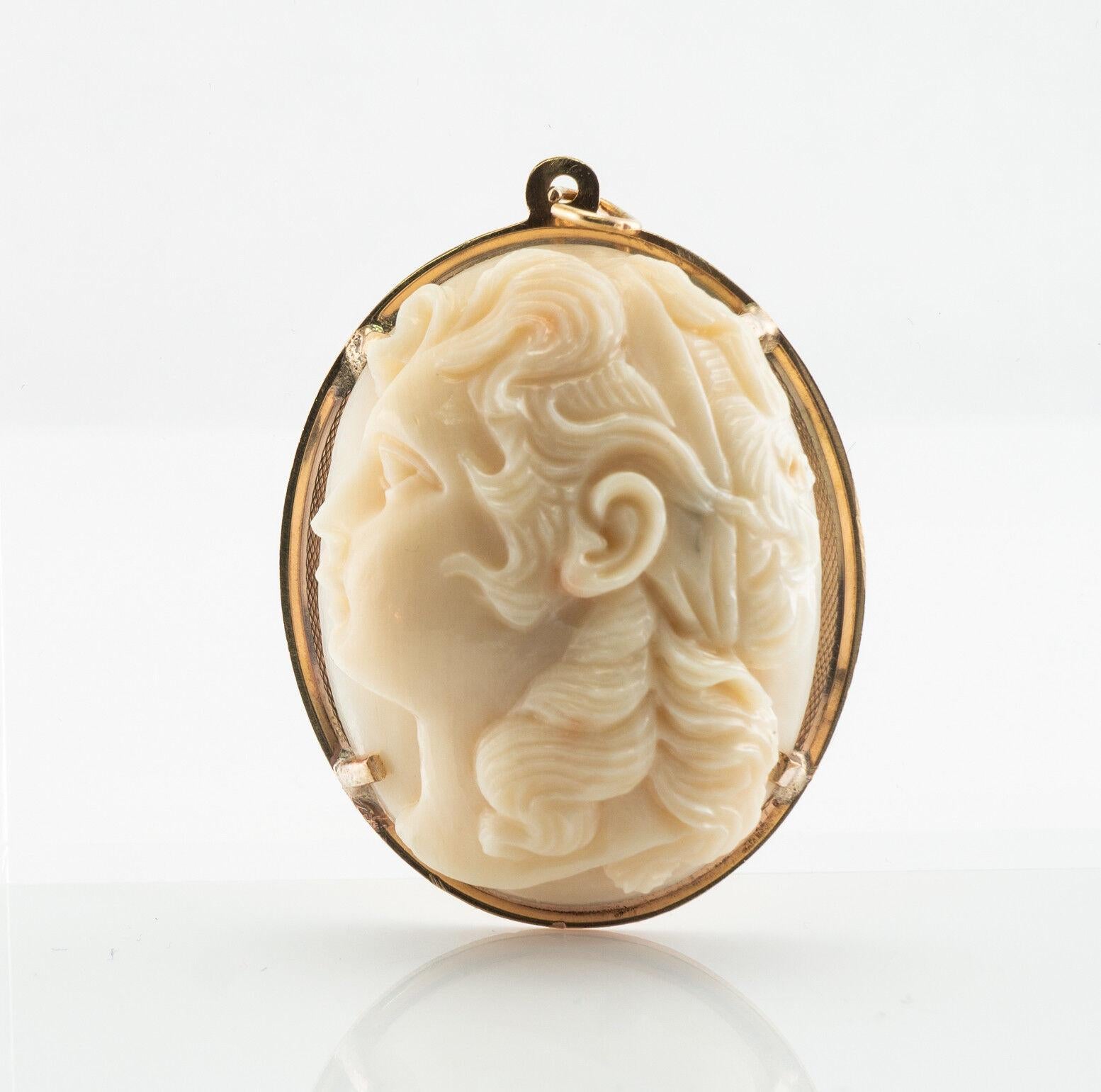 Carved White Coral Cameo Pendant 14K Gold Vintage

This gorgeous vintage pendant is finely crafted in solid 14K Yellow Gold. The natural white coral high profile cameo measure 1-3/8