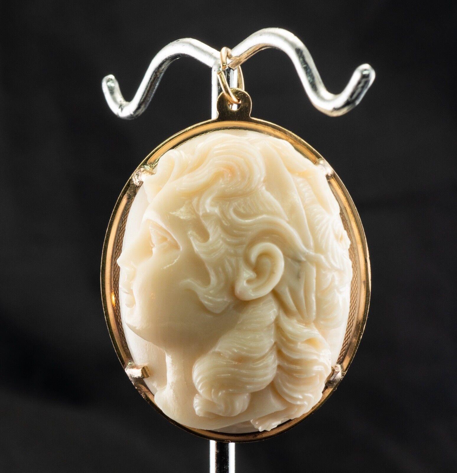 Cabochon Carved White Coral Cameo Pendant 14K Gold Vintage For Sale