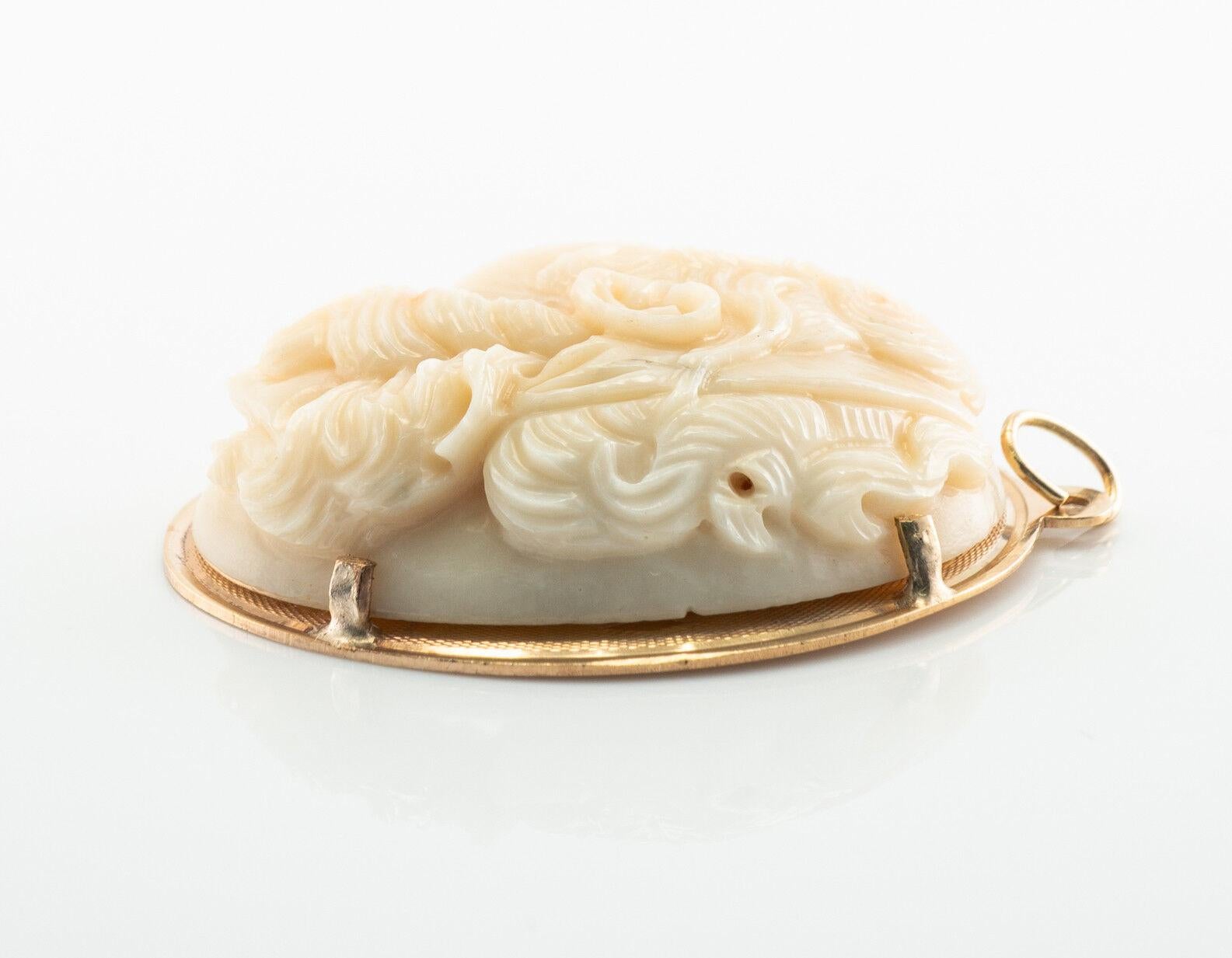 Carved White Coral Cameo Pendant 14K Gold Vintage For Sale 2