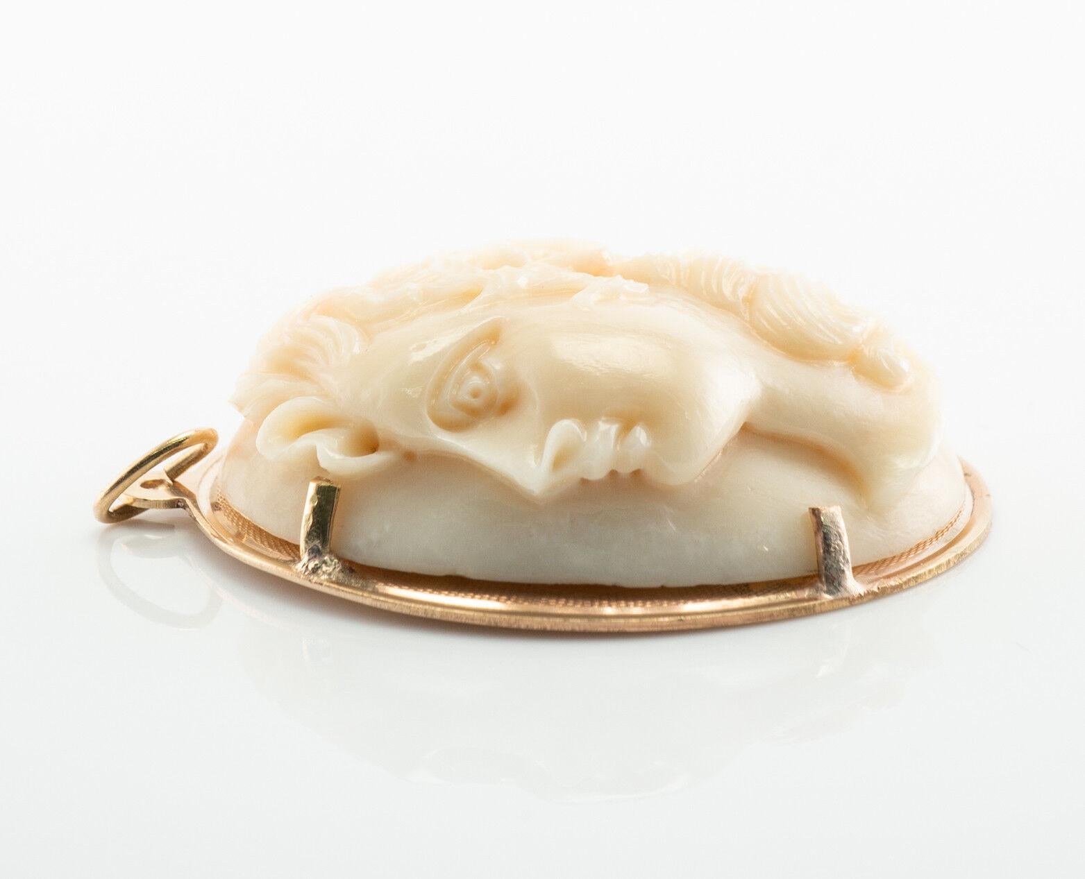 Carved White Coral Cameo Pendant 14K Gold Vintage For Sale 3