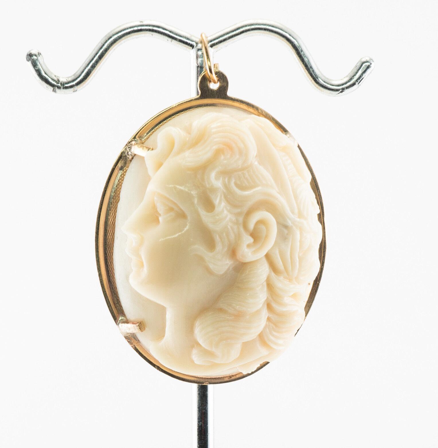 Carved White Coral Cameo Pendant 14K Gold Vintage For Sale 4
