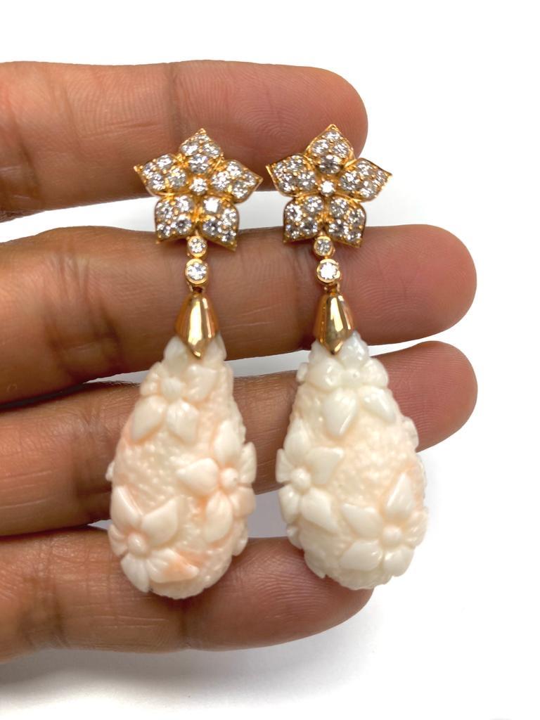 Contemporary Goshwara Carved White Coral Drop Earrings For Sale