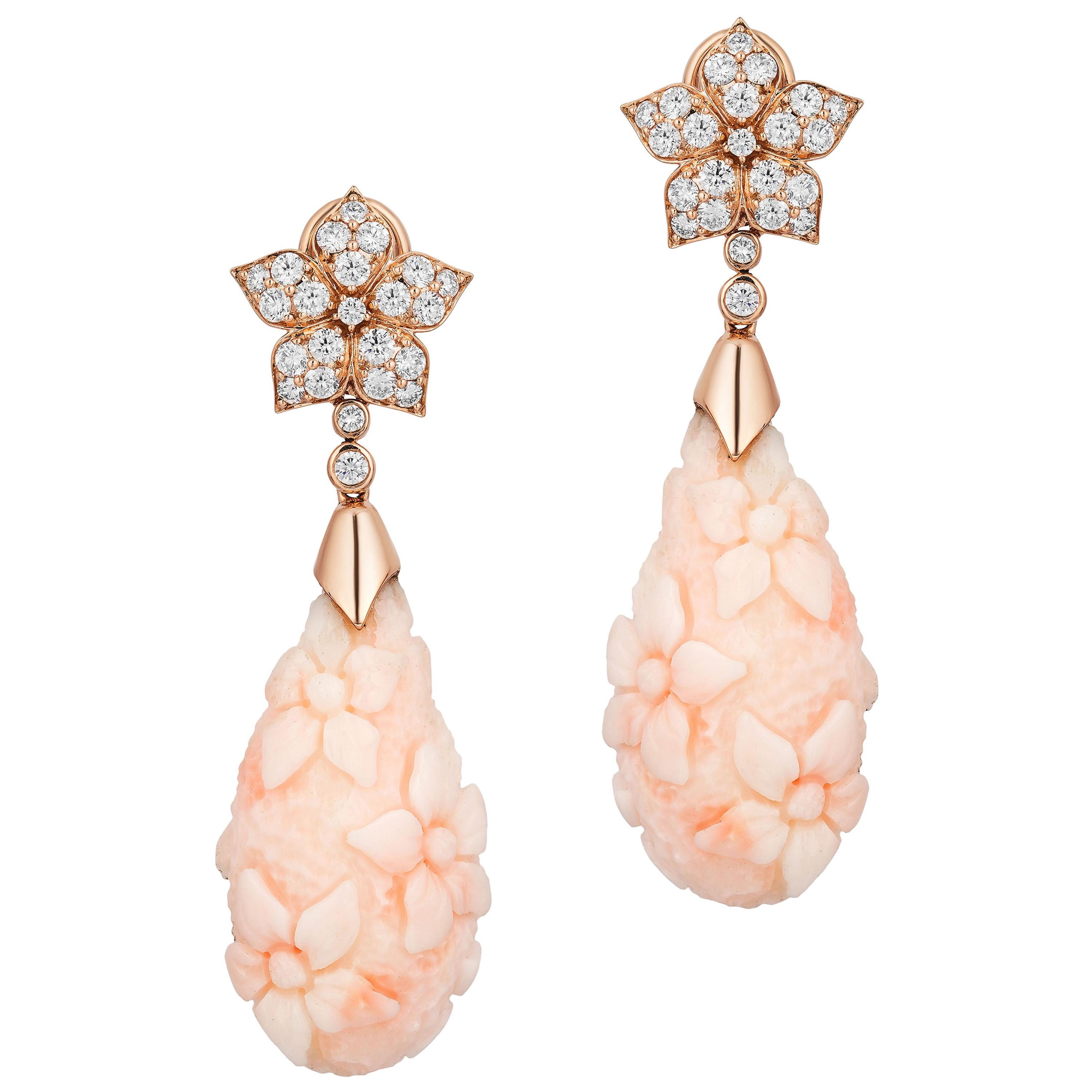 Goshwara Carved White Coral Drop Earrings For Sale