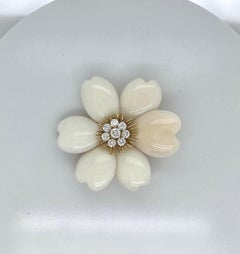 Carved White Coral, Gold and Diamond Flower Clip-Brooch