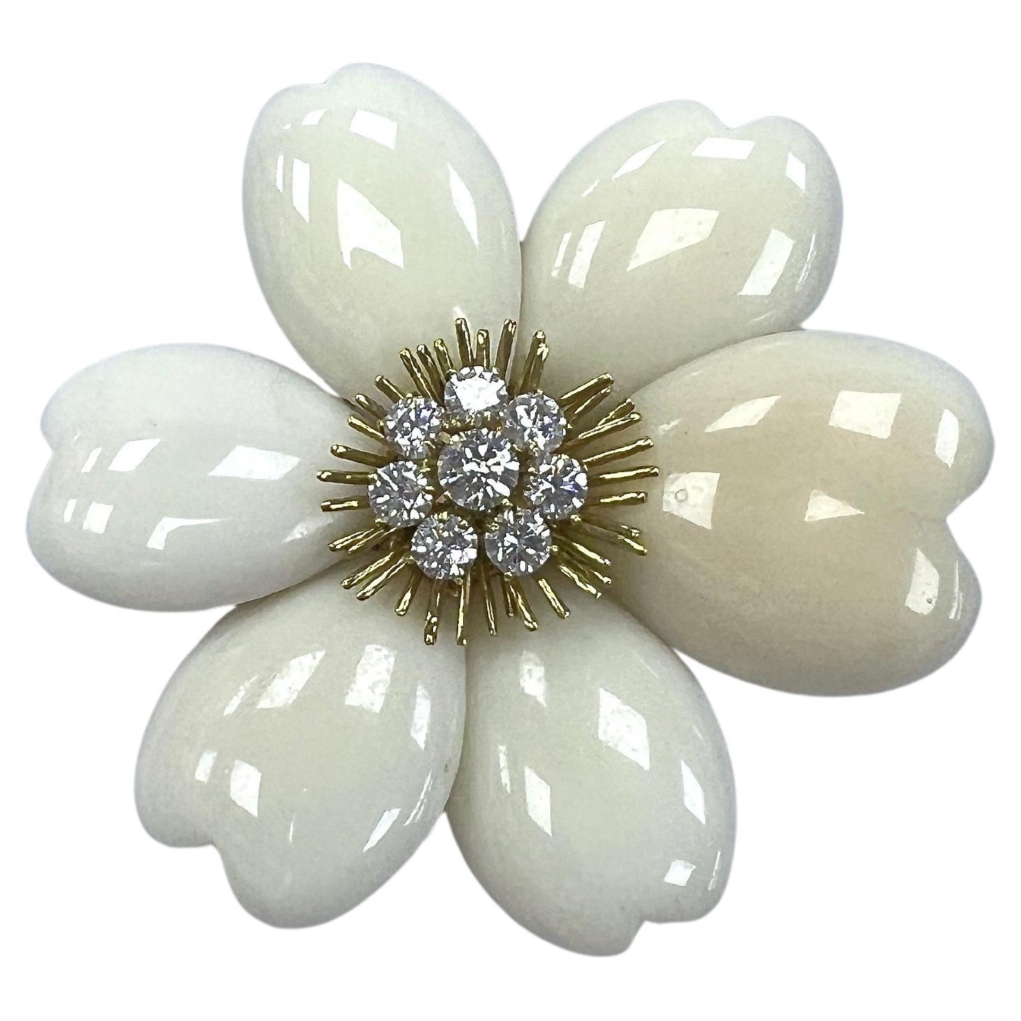 Carved White Coral, Gold and Diamond Flower Clip-Brooch