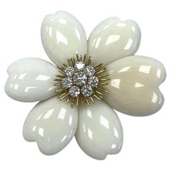 Carved White Coral, Gold and Diamond Flower Clip-Brooch