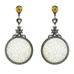 Carved White Jade Earring in Silver with Diamonds and Ruby
