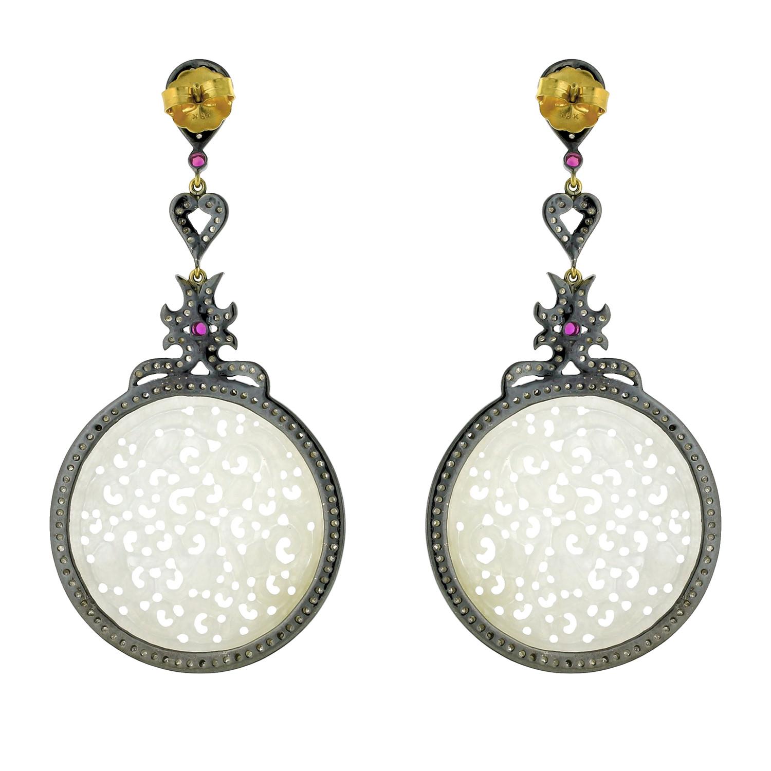 Artisan Carved White Jade Earring in Silver with Diamonds and Ruby