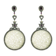 Carved White Jade Earring in Silver with Diamonds and Ruby