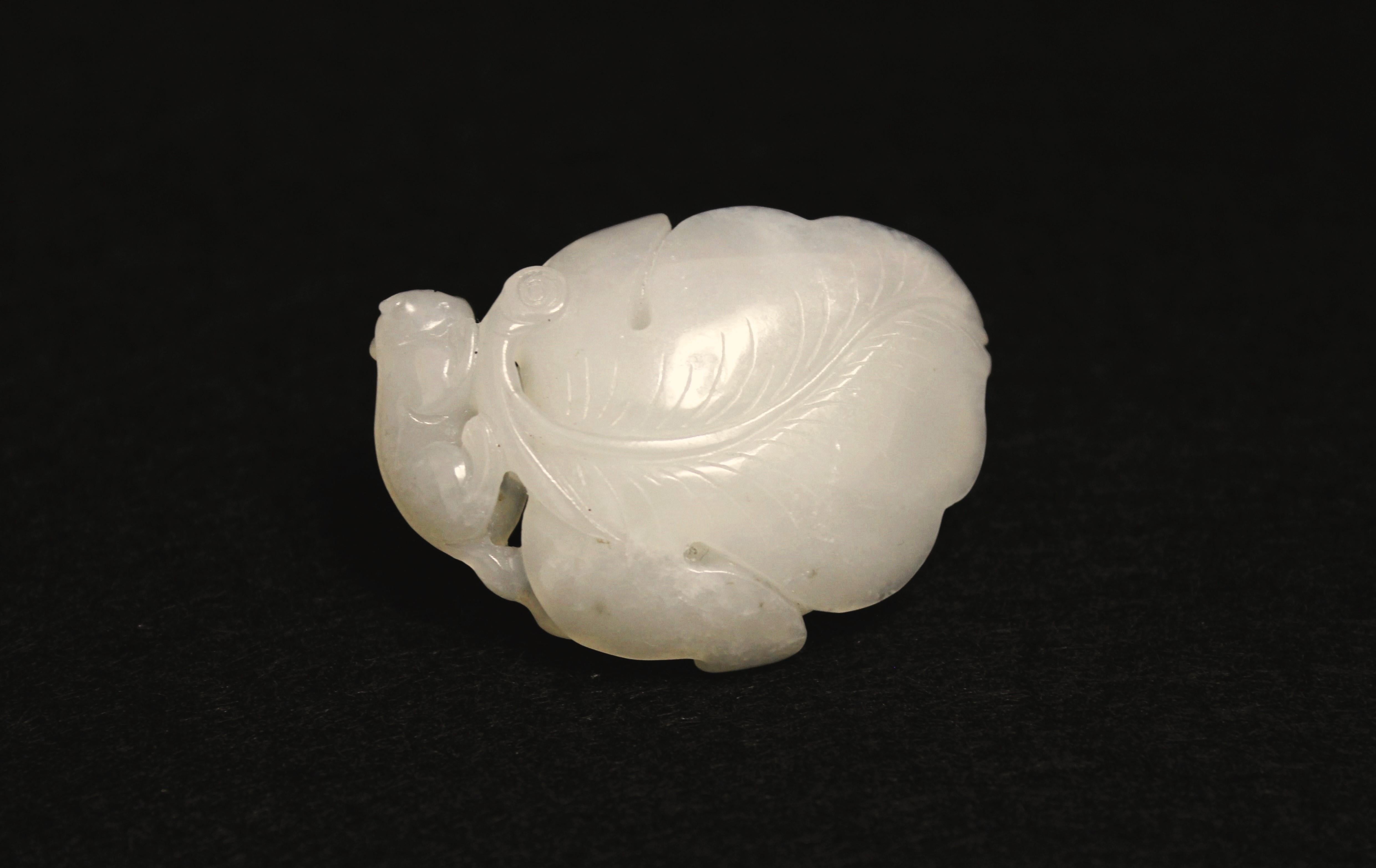 Carved White Jade Pendant -Grapes & Squirrel Motif For Sale 4