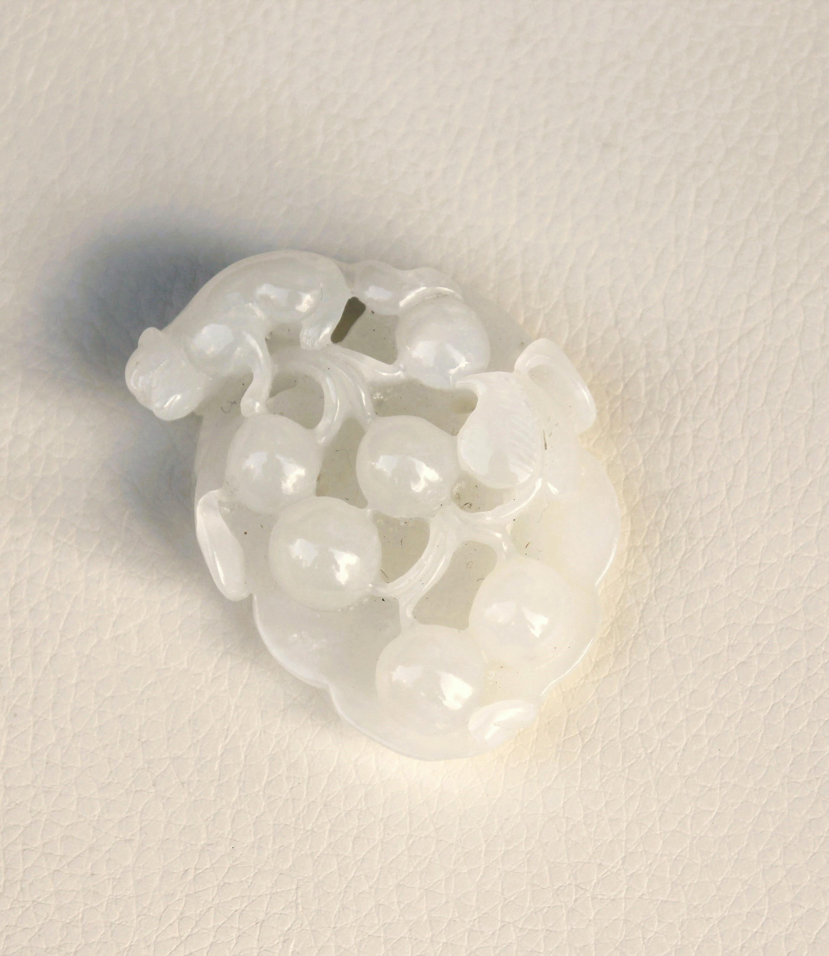 Carved White Jade Pendant -Grapes & Squirrel Motif For Sale 5