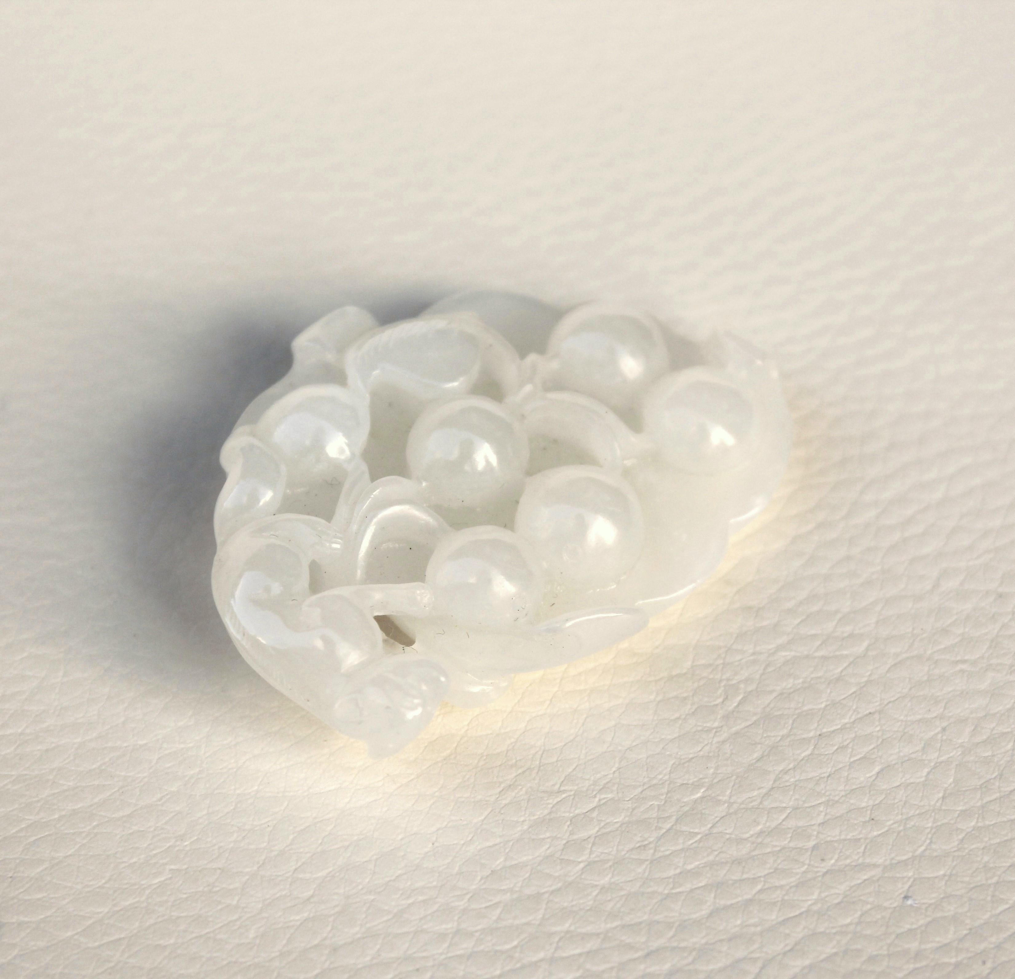 Carved White Jade Pendant -Grapes & Squirrel Motif For Sale 6