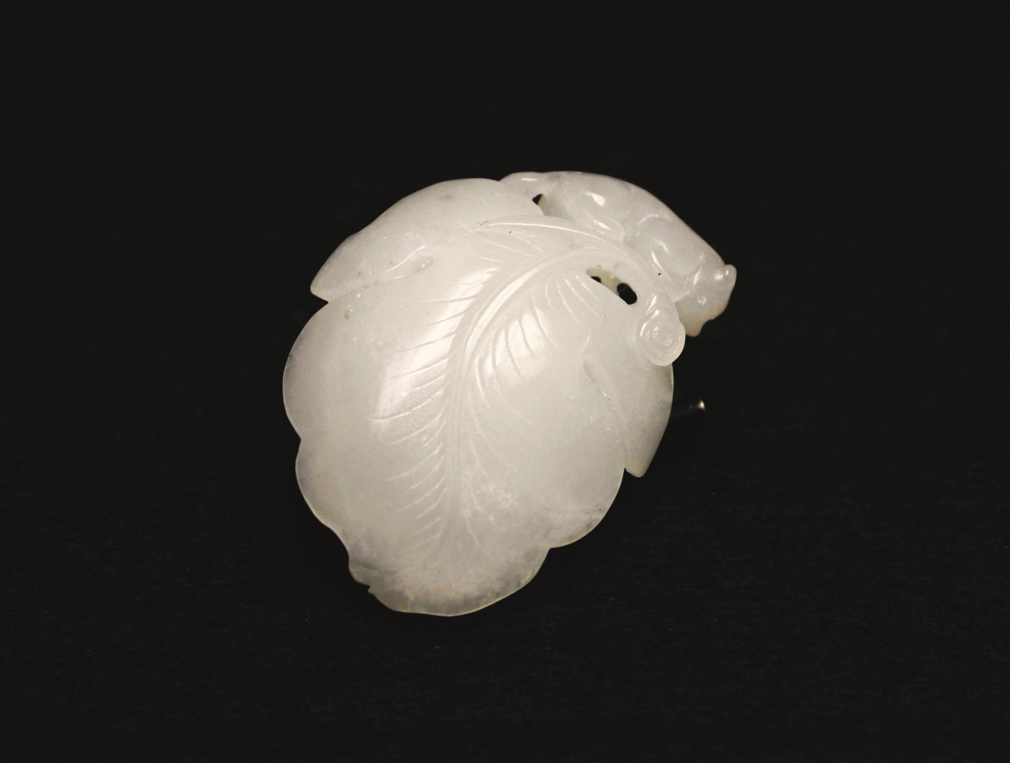 Artisan Carved White Jade Pendant -Grapes & Squirrel Motif For Sale
