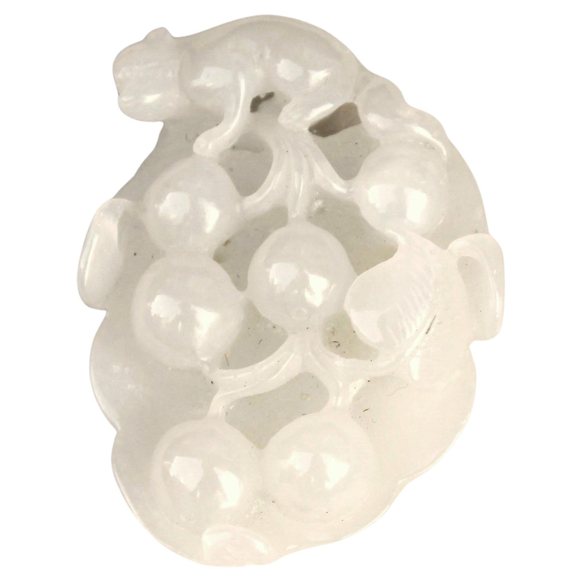 Carved White Jade Pendant -Grapes & Squirrel Motif For Sale
