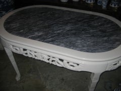 Carved White Lacquered Dining Table with Grey Marble Inset