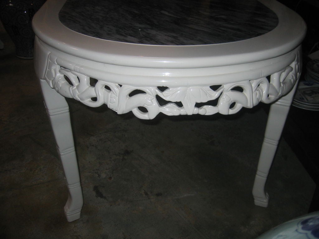 Chinese Carved White Lacquered Dining Table with Grey Marble Inset For Sale