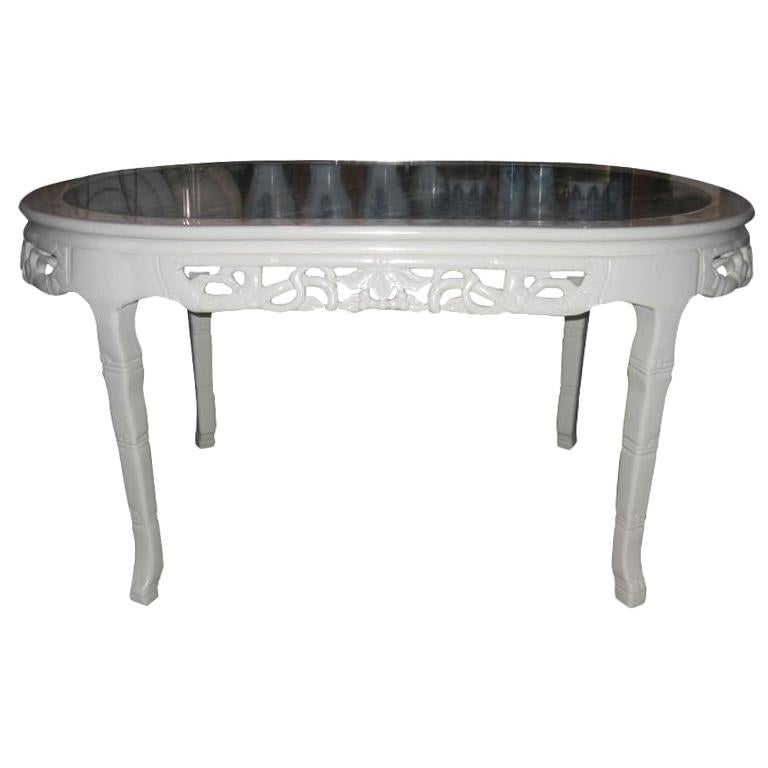 Carved White Lacquered Dining Table with Grey Marble Inset For Sale