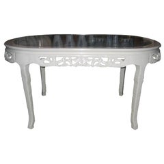 Carved White Lacquered Dining Table with Grey Marble Inset
