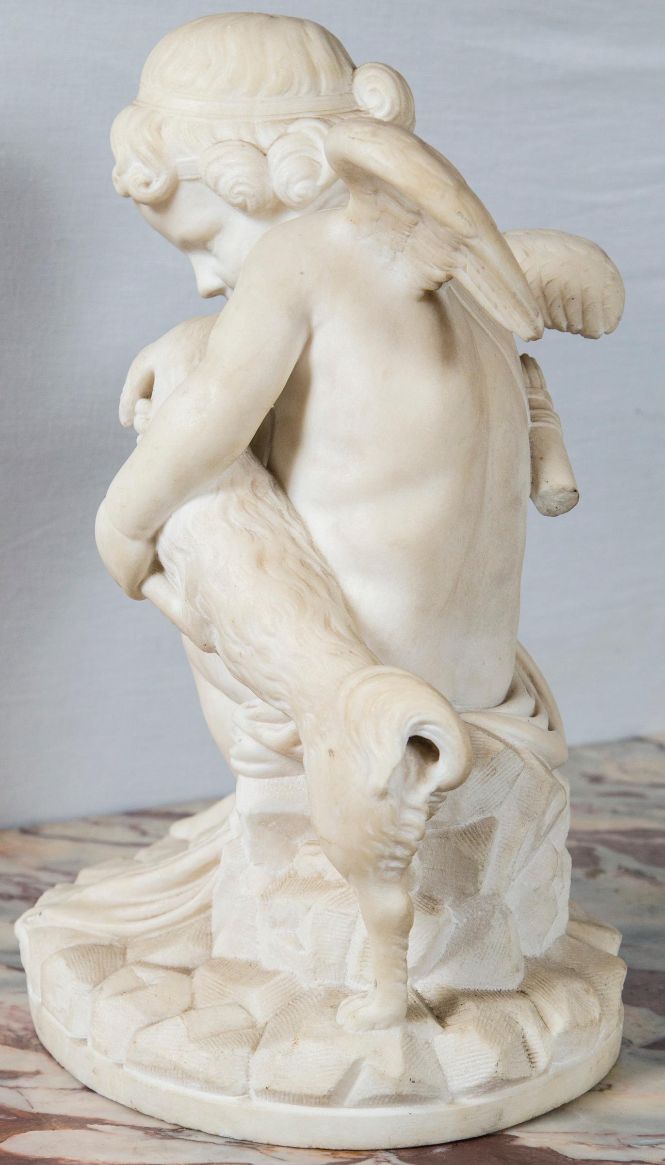 Hand-Carved Carved White Marble Cupid and Dog