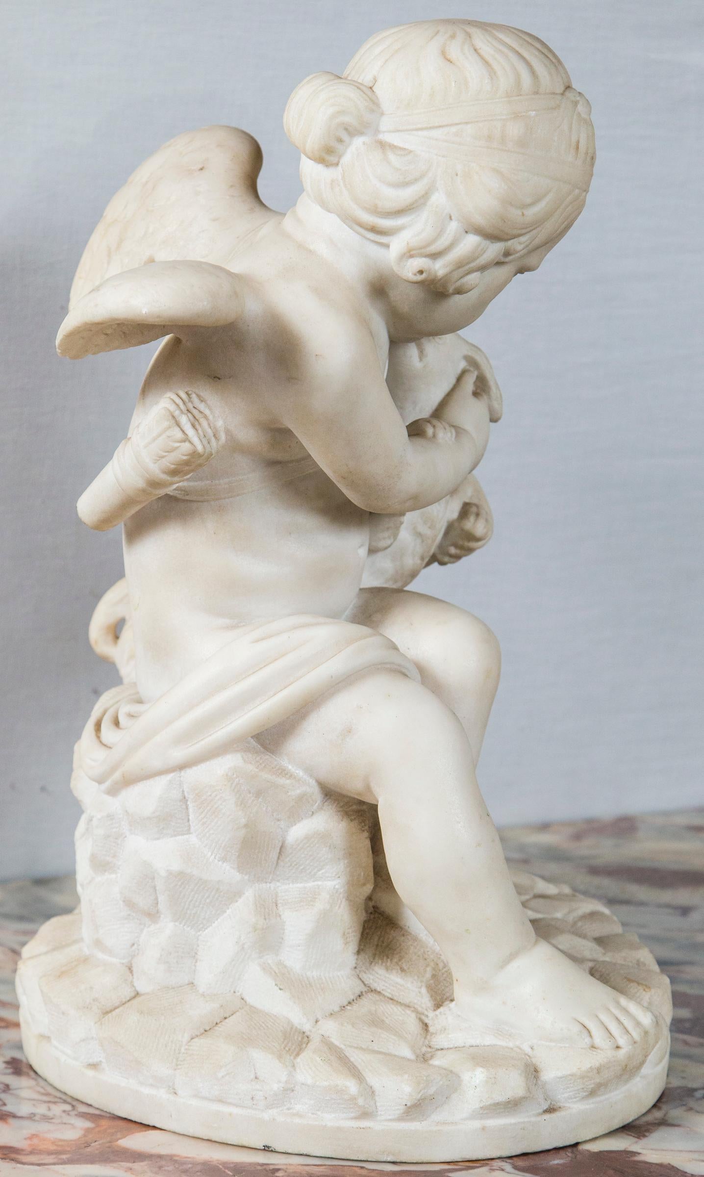19th Century Carved White Marble Cupid and Dog