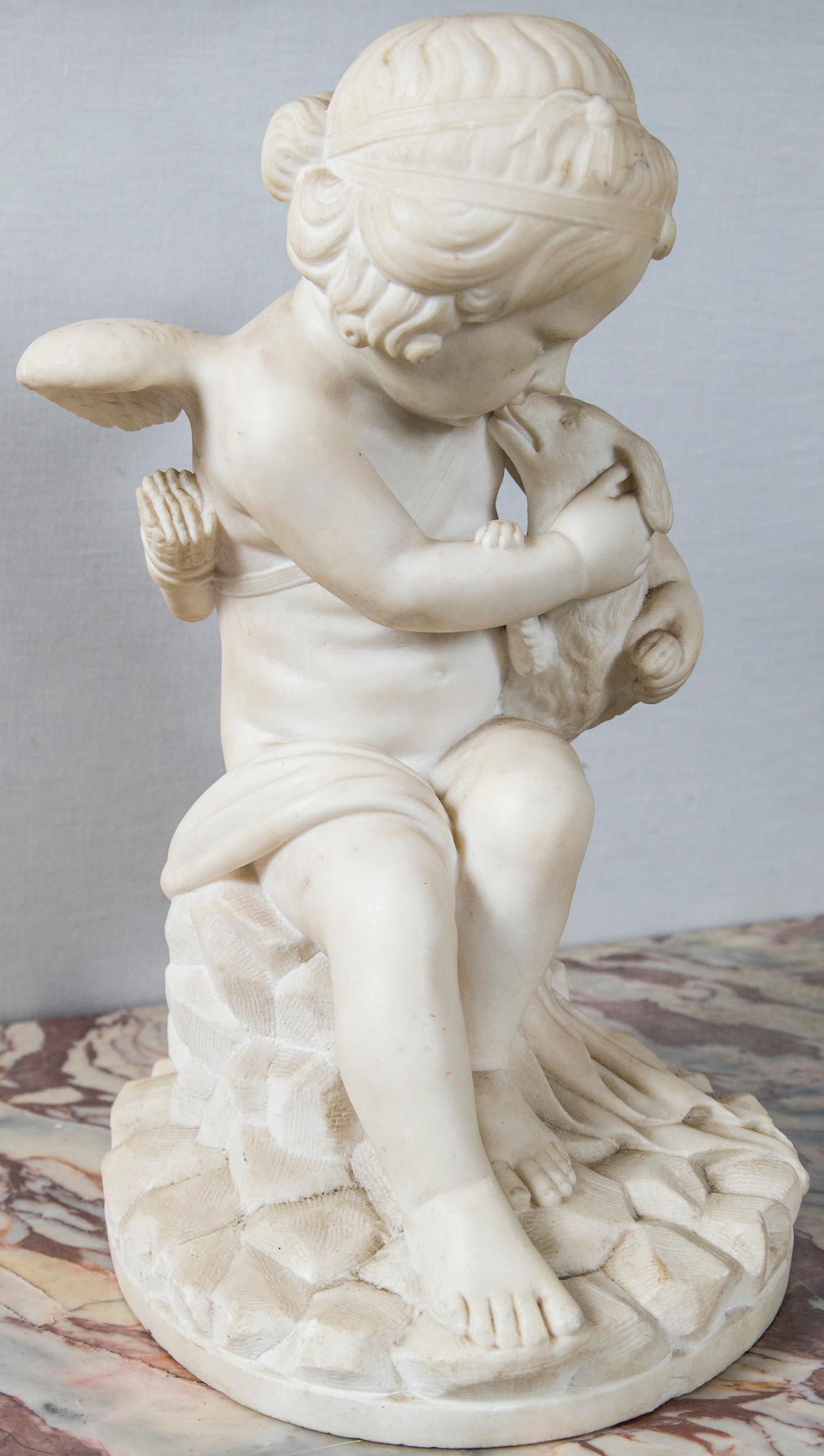 Carved White Marble Cupid and Dog 1