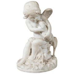 Carved White Marble Cupid and Dog