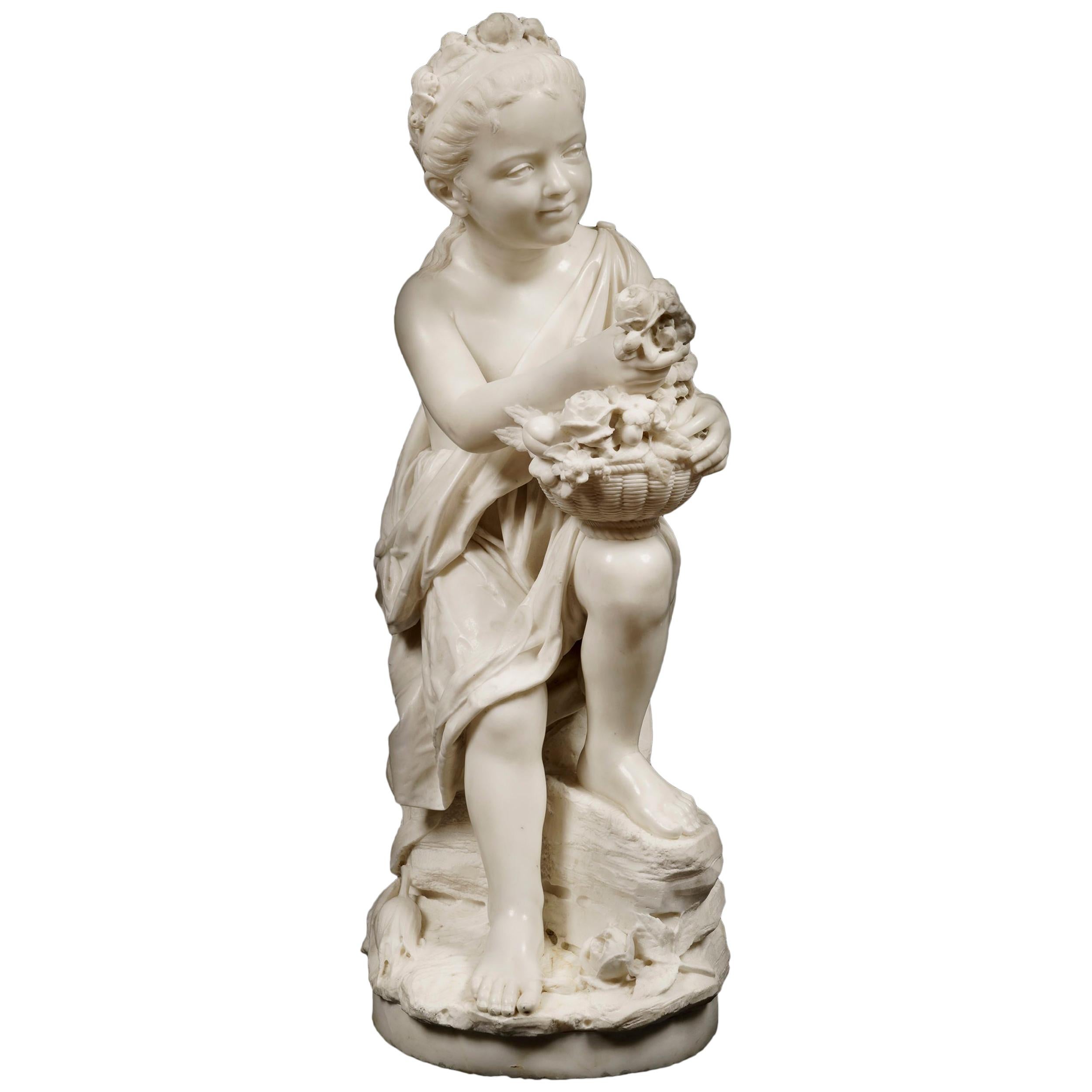 Carved White Marble Figure of a Flower Girl Signed to the Base 'Monti'