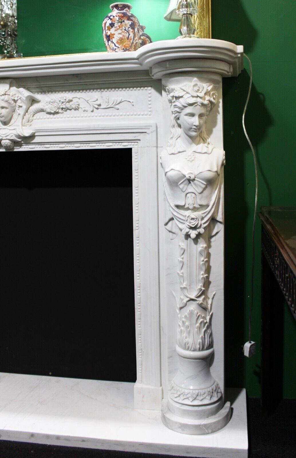 Carved White Marble Fireplace Surround with Caryatid Figures For Sale 1