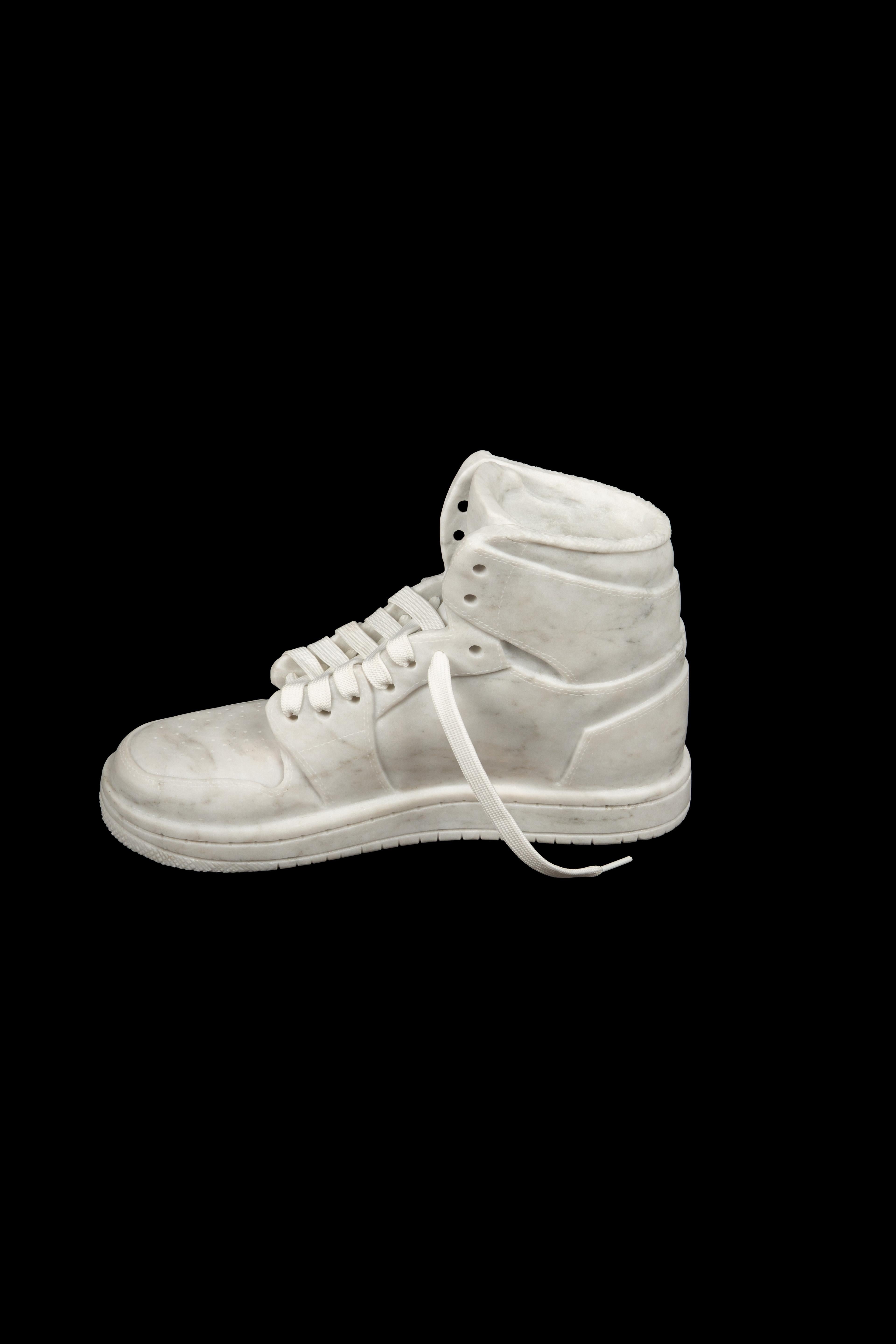 Carved White Marble Hightop Sneaker sculpture In New Condition In New York, NY