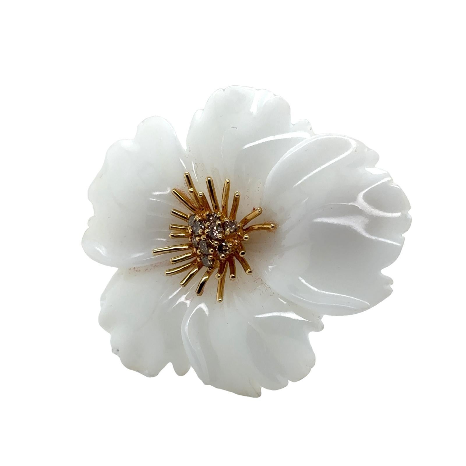 Contemporary Carved White Nephrite Jade Diamond 18 Karat Yellow Gold Floral Vintage  Brooch For Sale