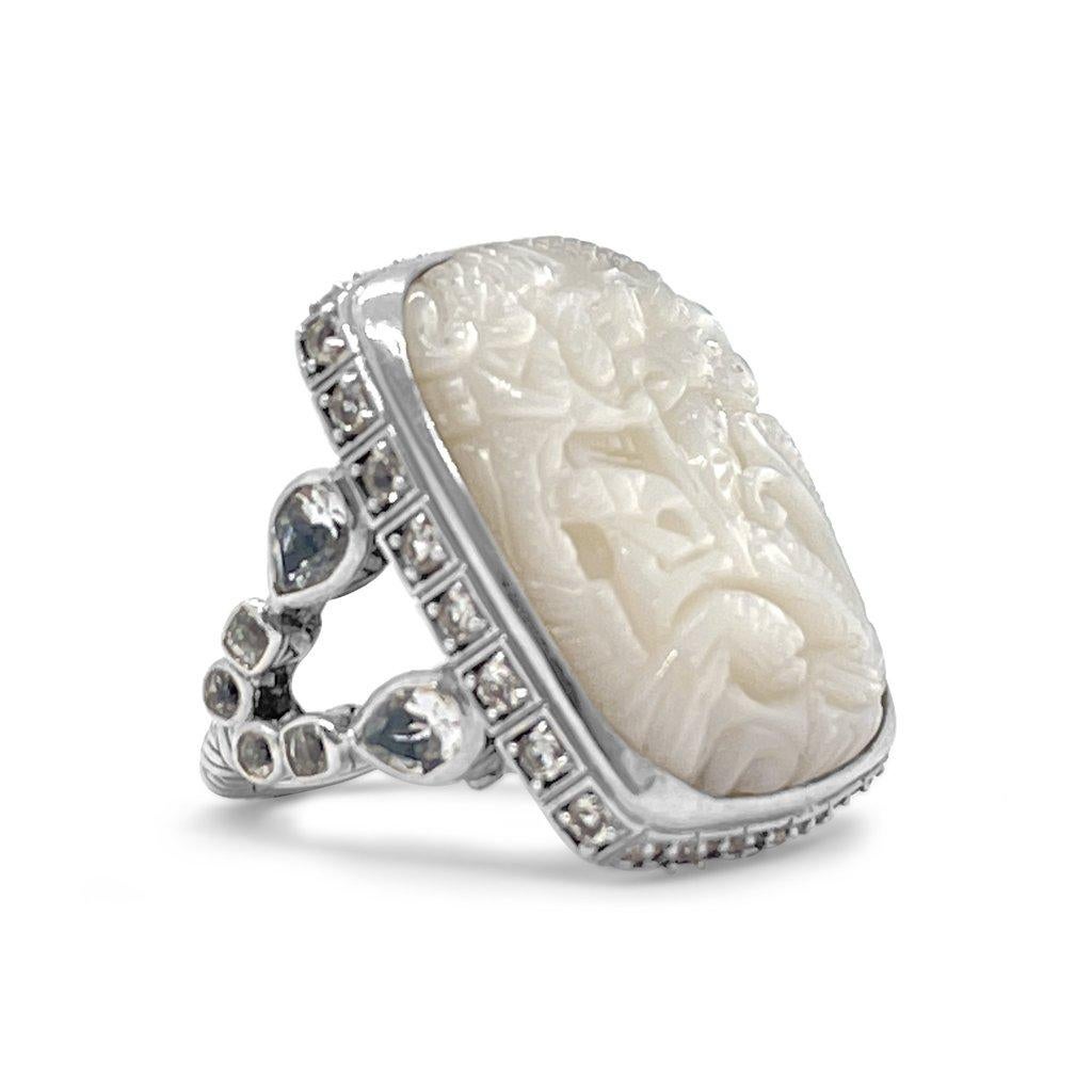 For Sale:  Carved White Pearl, Rainbow Moonstone & Natural Quartz Ring in Sterling Silver 2