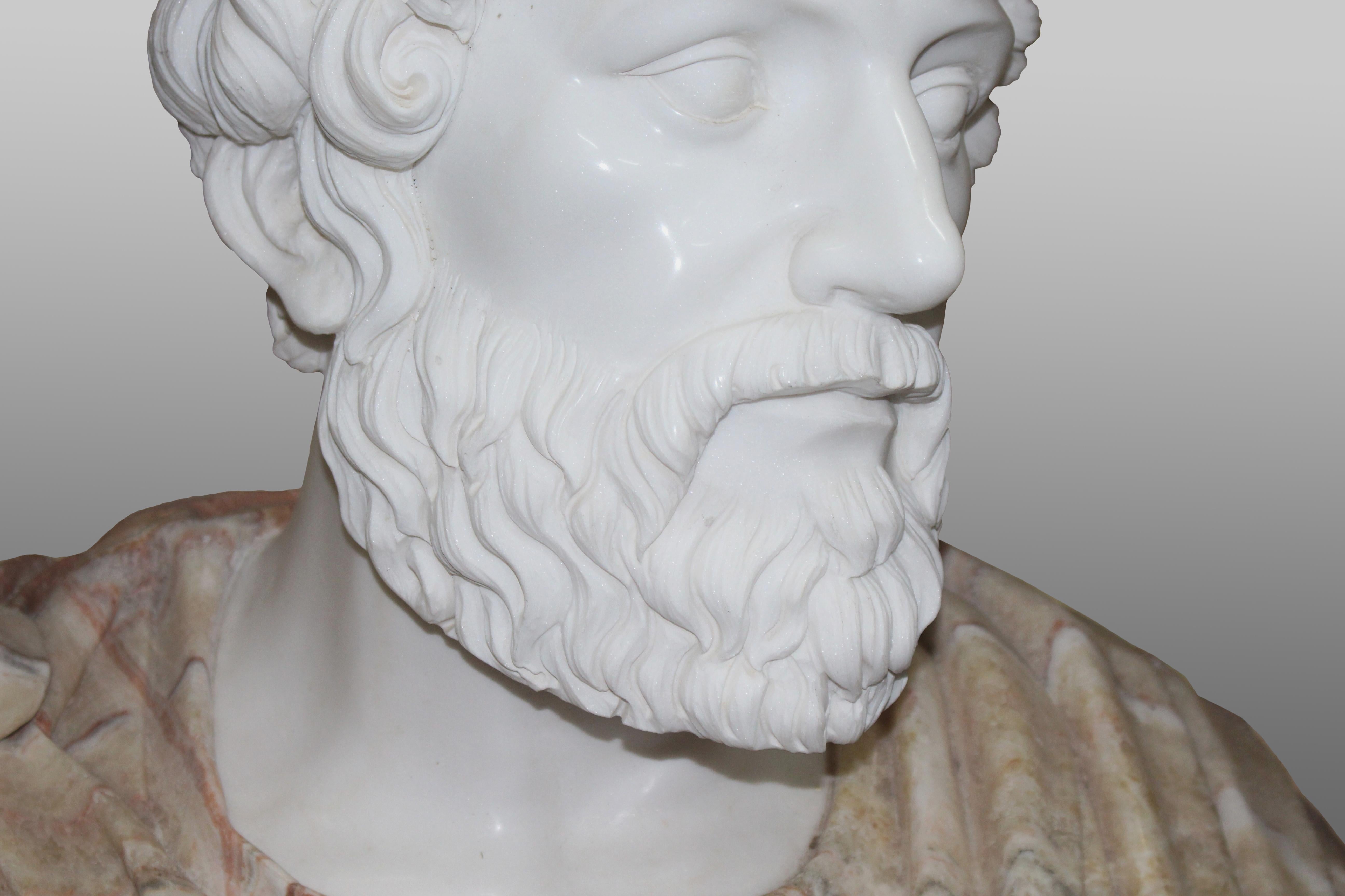 Carved White & Rouge Marble Bust of Marcus Aurelius In Good Condition In Worcester, GB