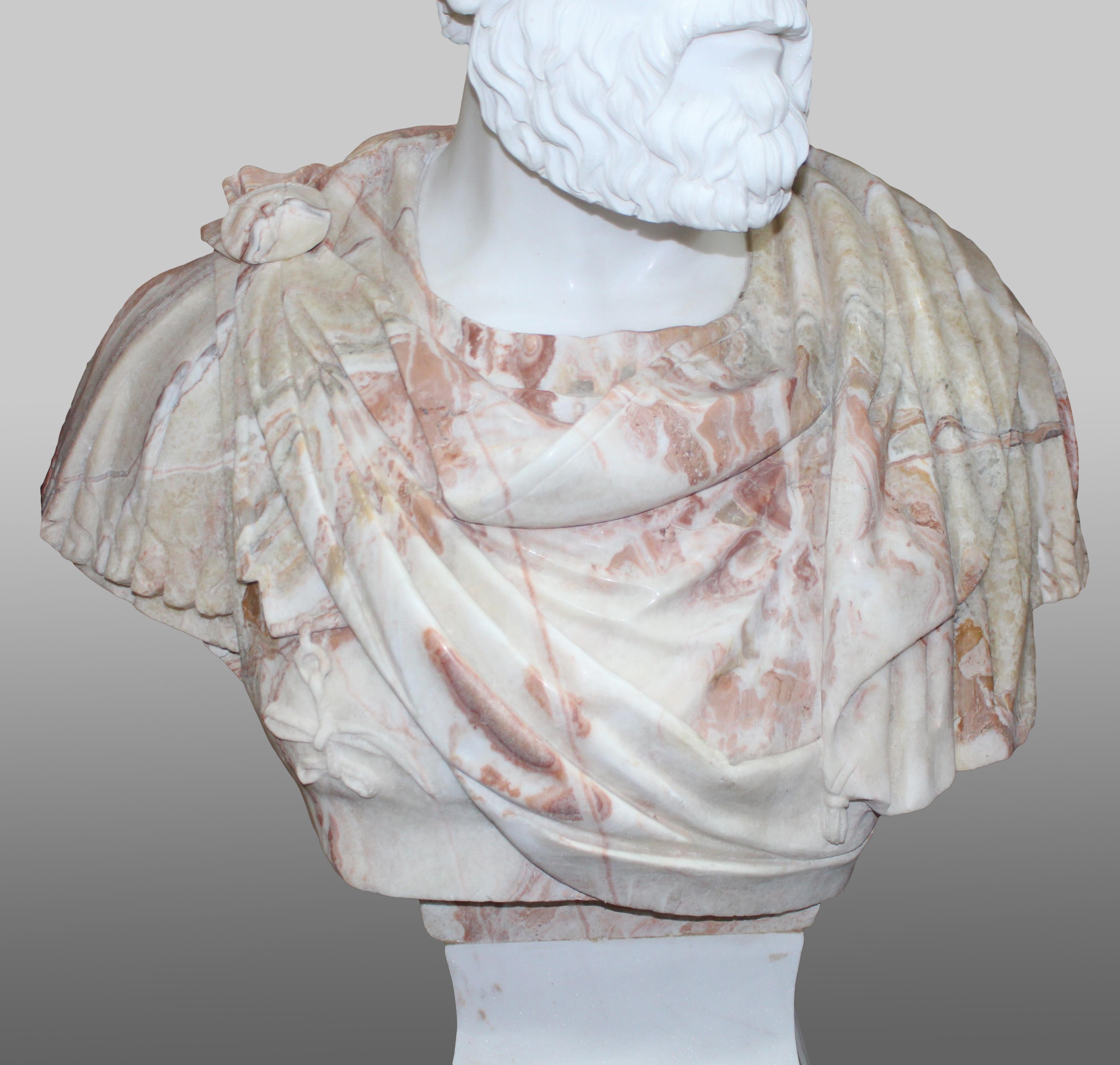 20th Century Carved White & Rouge Marble Bust of Marcus Aurelius
