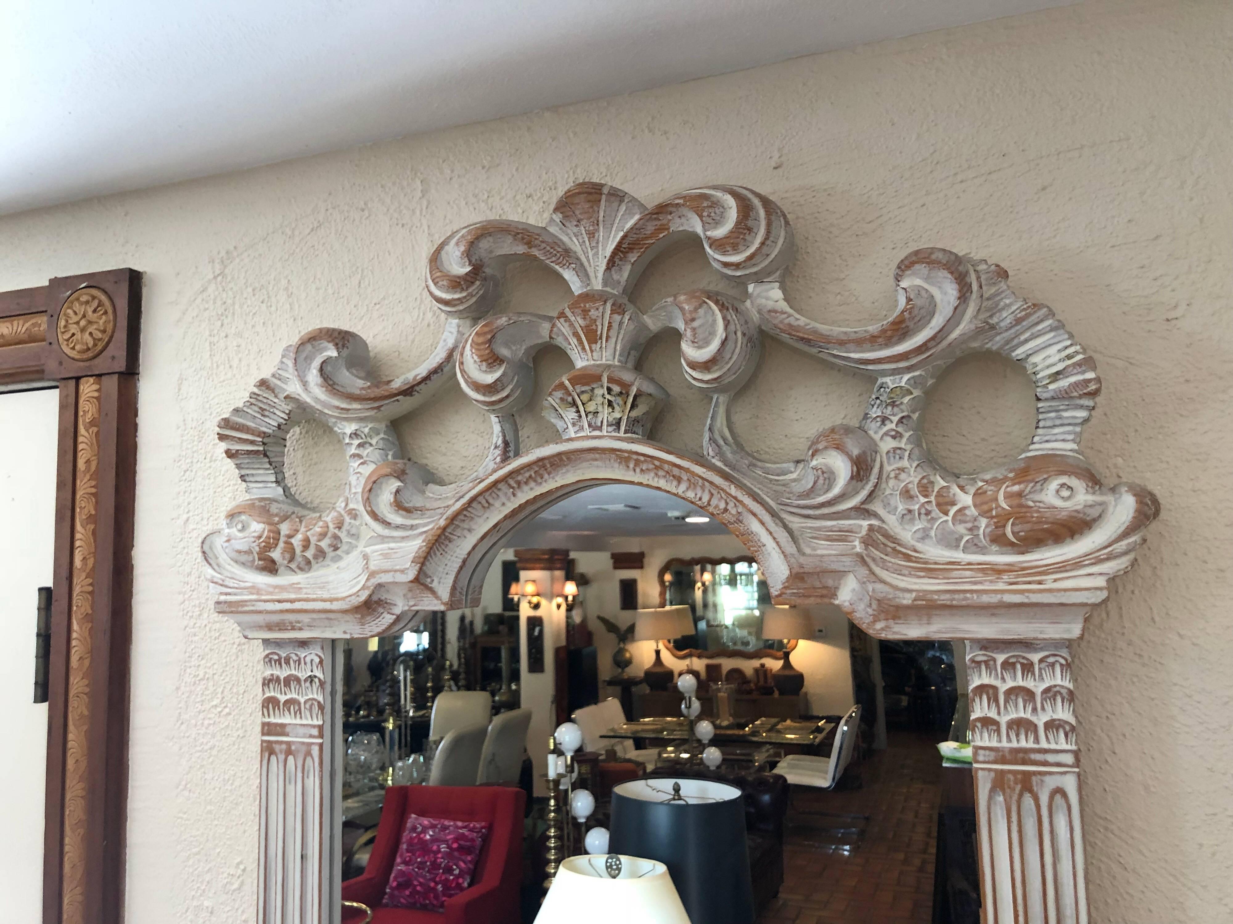 white washed carved wood mirror