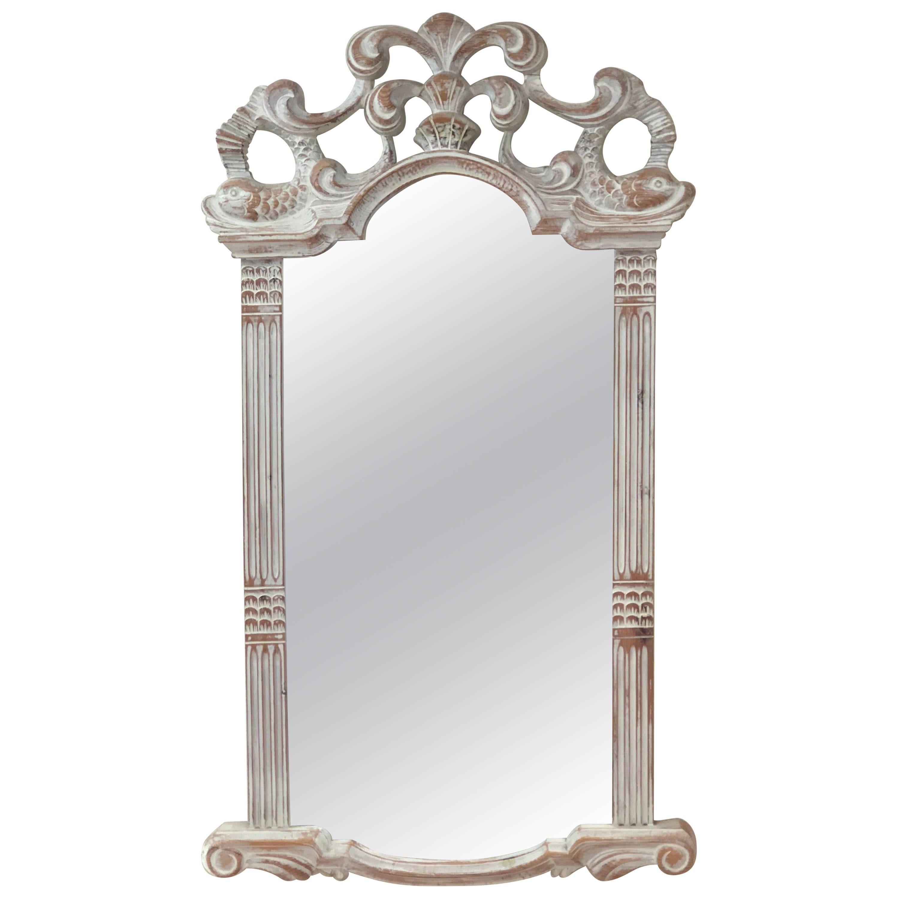 Carved White-Washed Wooden Mirror from Spain