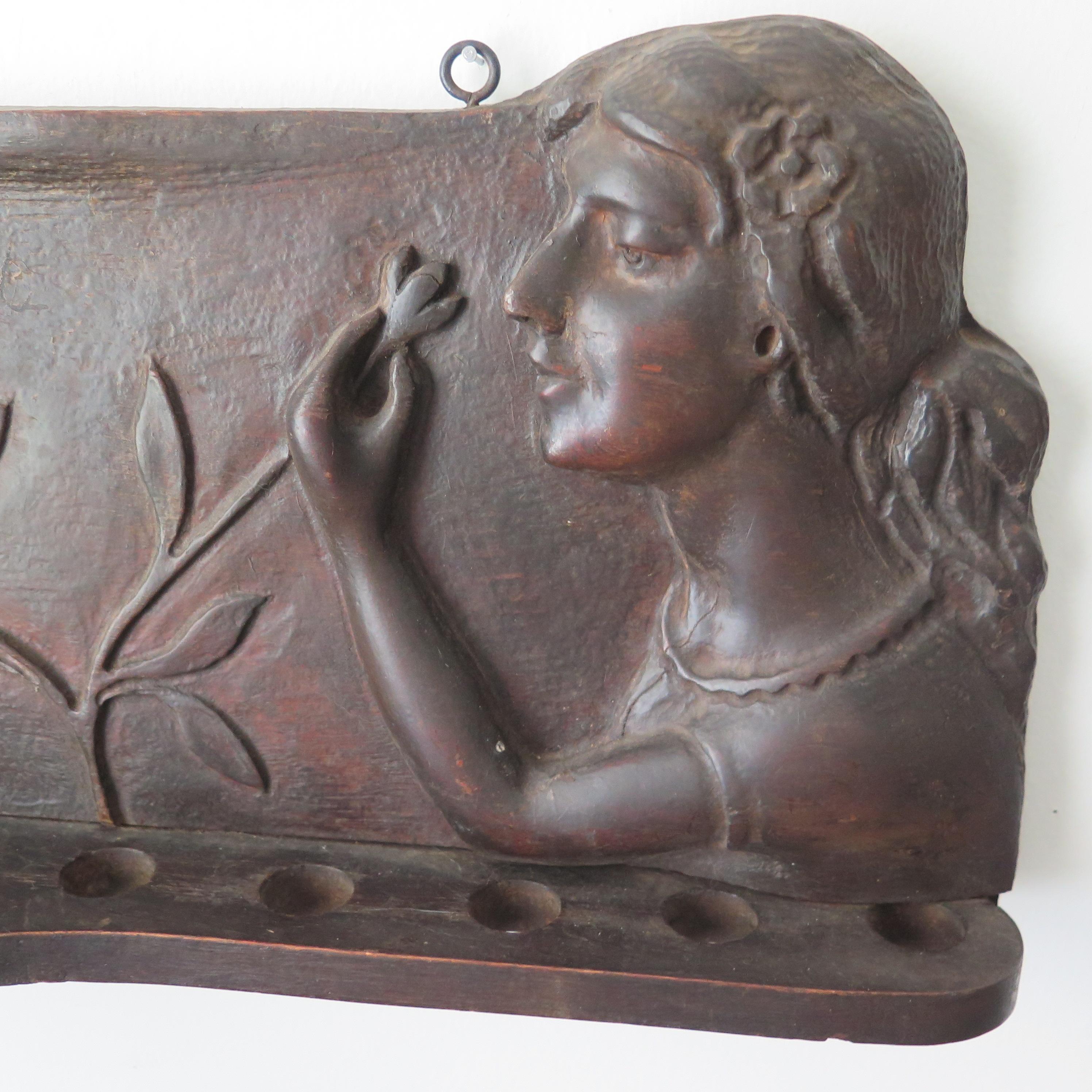 American Carved Woman with Flowers Pipe Shelf For Sale