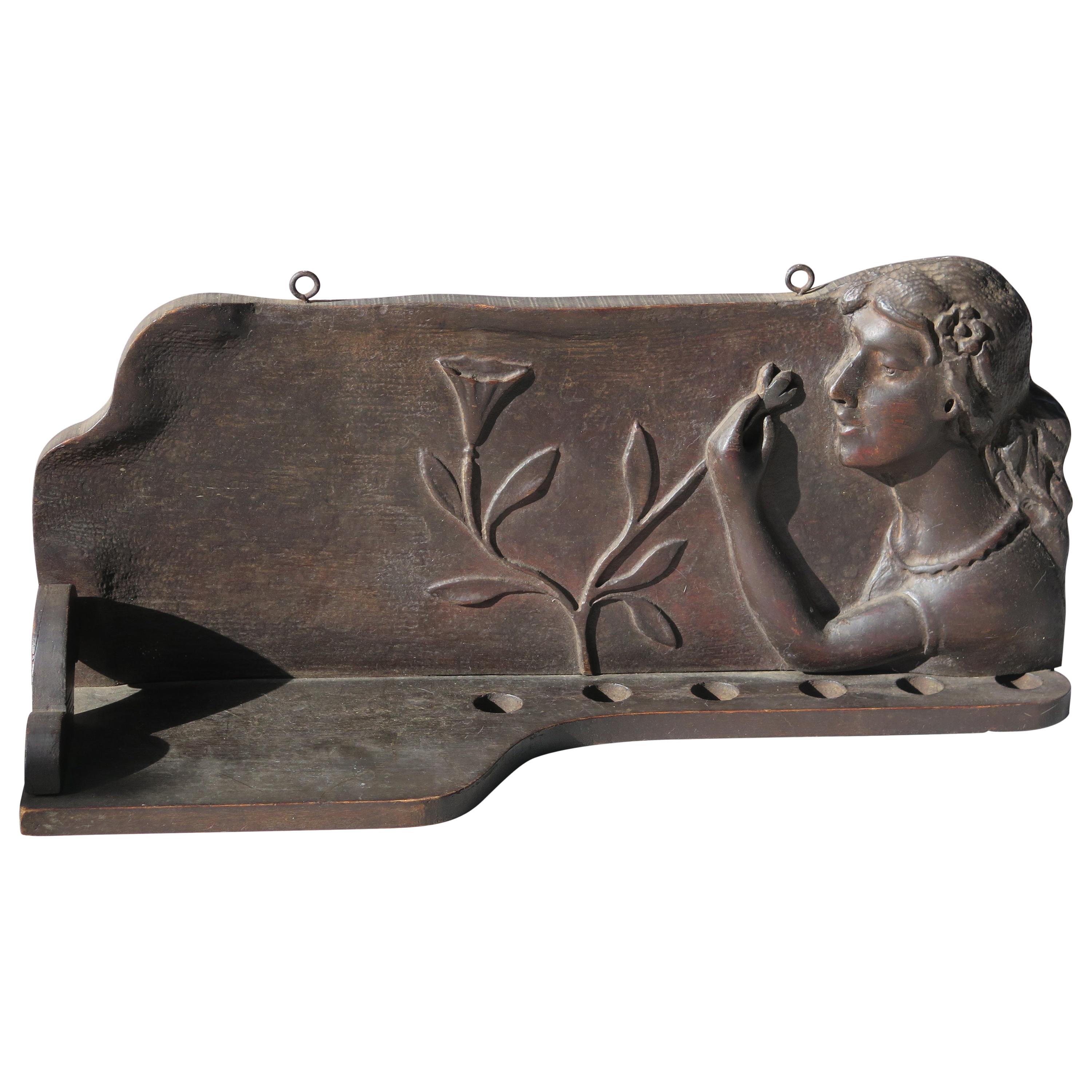 Carved Woman with Flowers Pipe Shelf For Sale