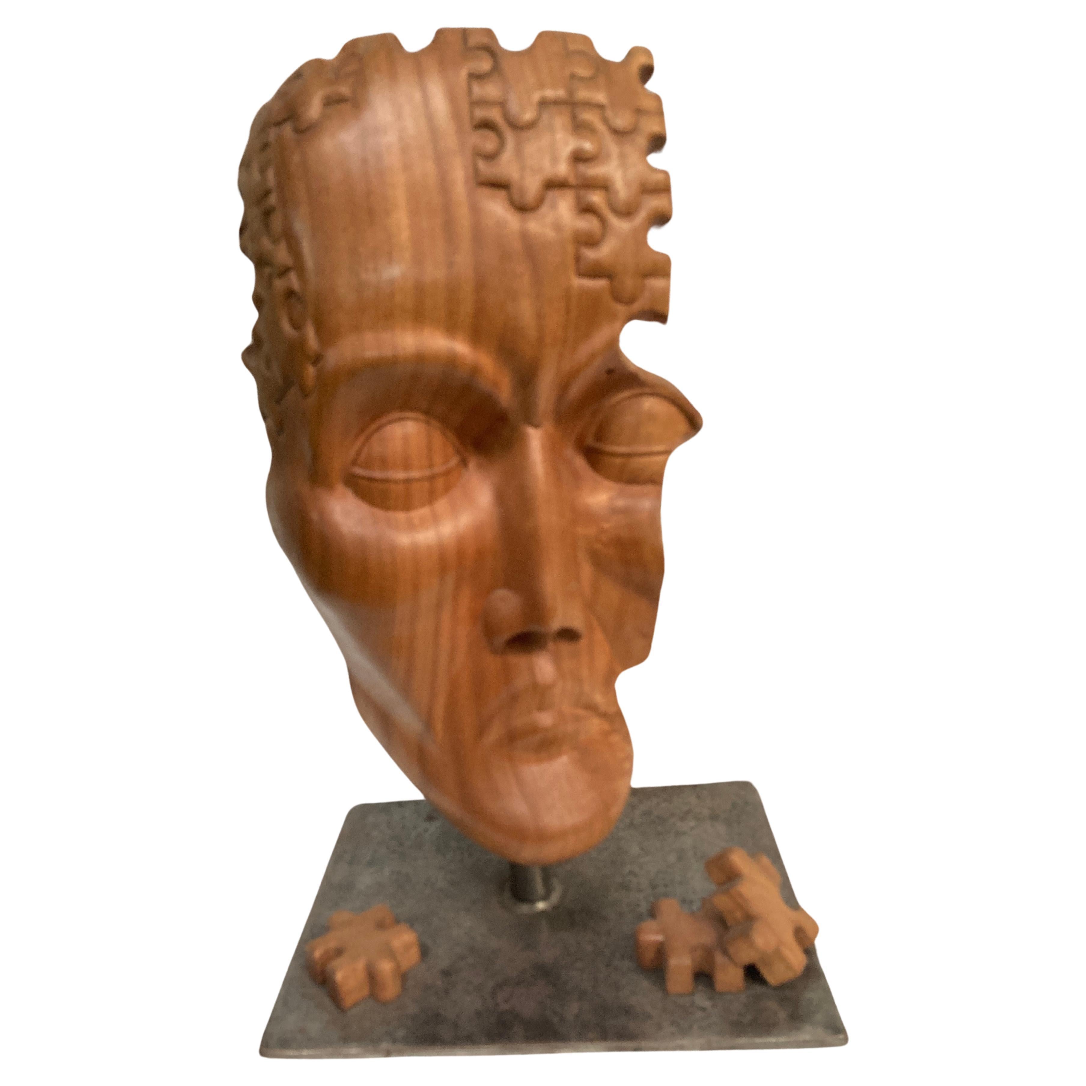 Carved wood abstract head sculpture For Sale