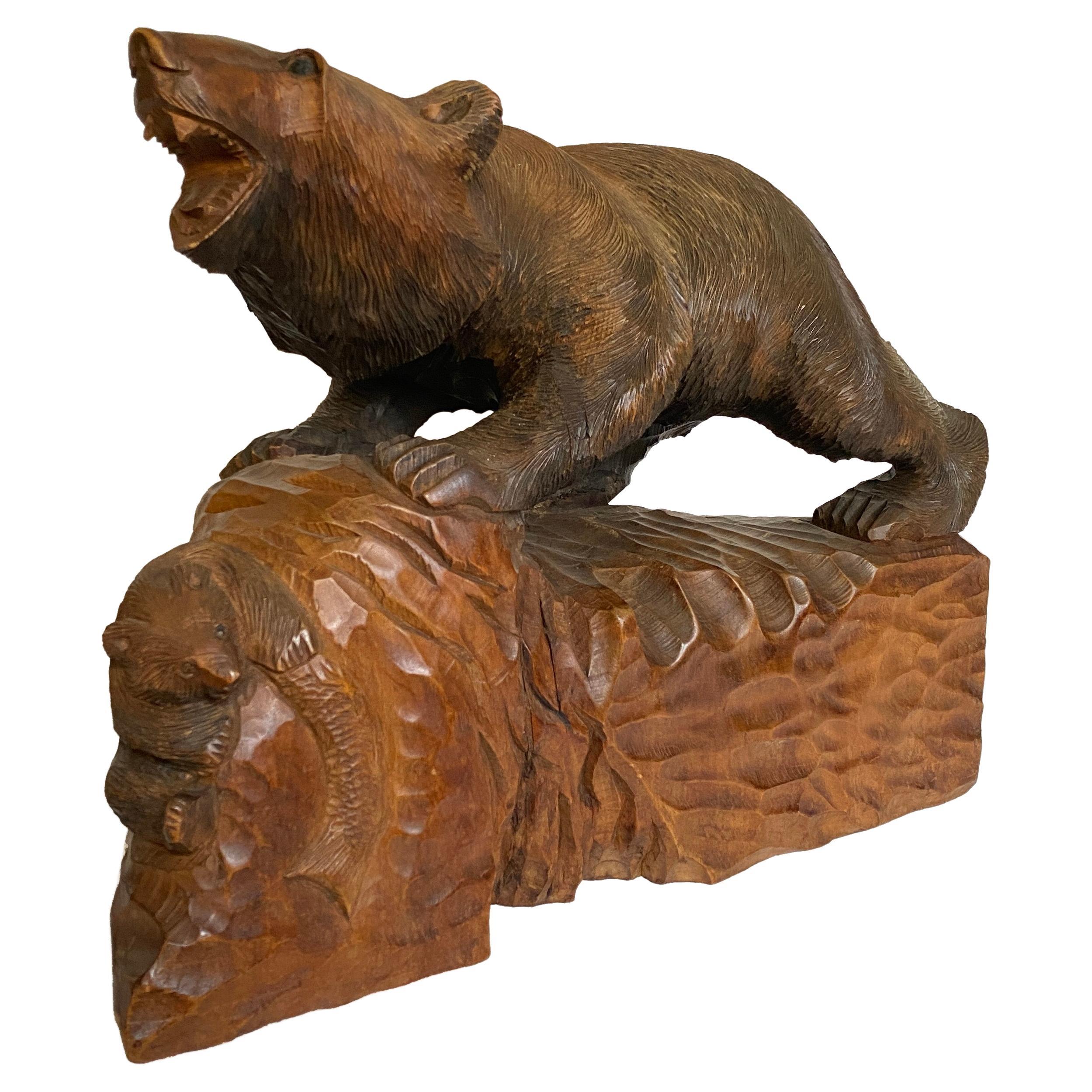 Carved Wood Ainu Bear with Baby and Fish, Hokkaido, Japan, Keyaki, Showa Period For Sale