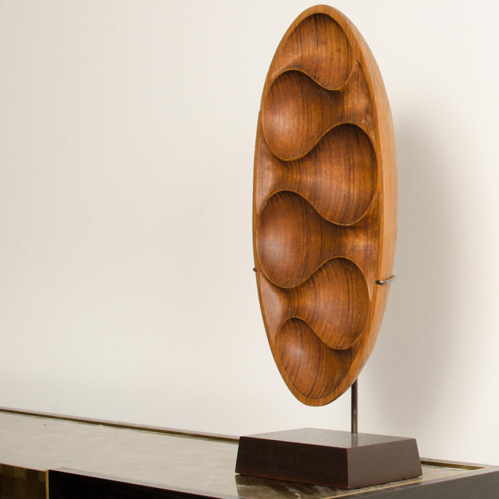 Contemporary Carved Wood Almond Shaped Sculpture and Base For Sale