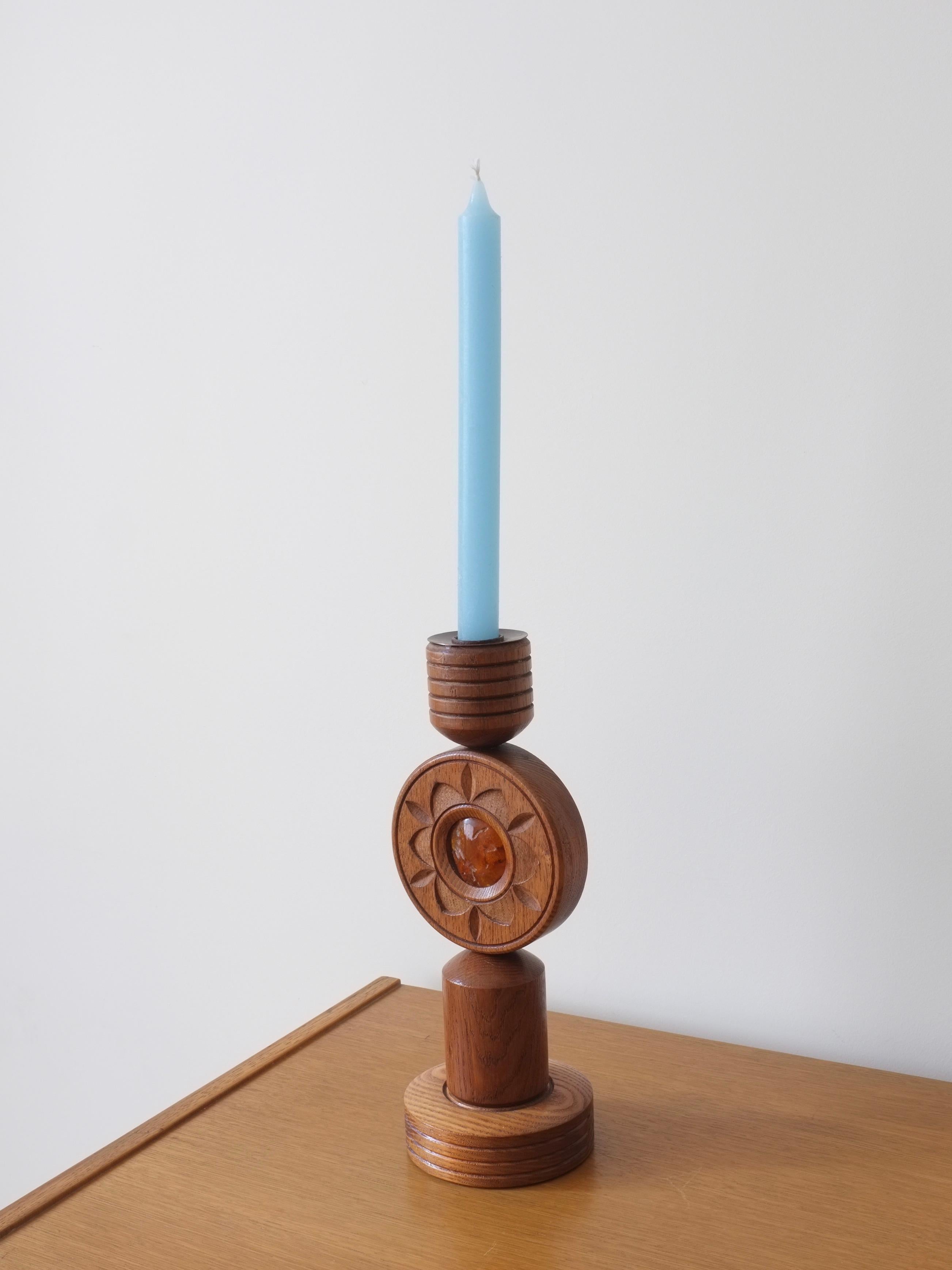 20th Century Carved Wood Amber Candle Holder, Latvia 1970s For Sale