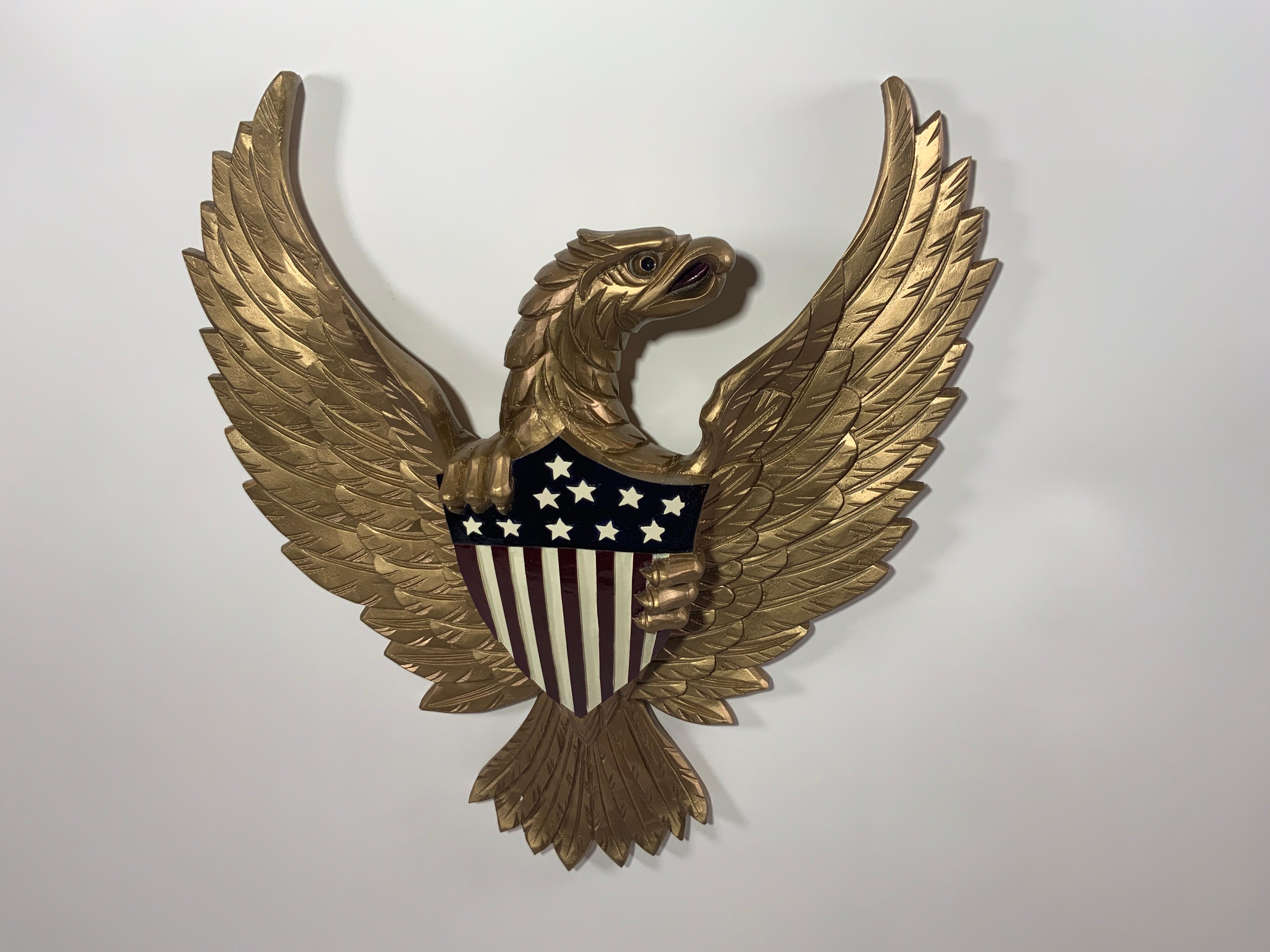 Carved Wood American Eagle with Gold Finish In Excellent Condition For Sale In Norwell, MA