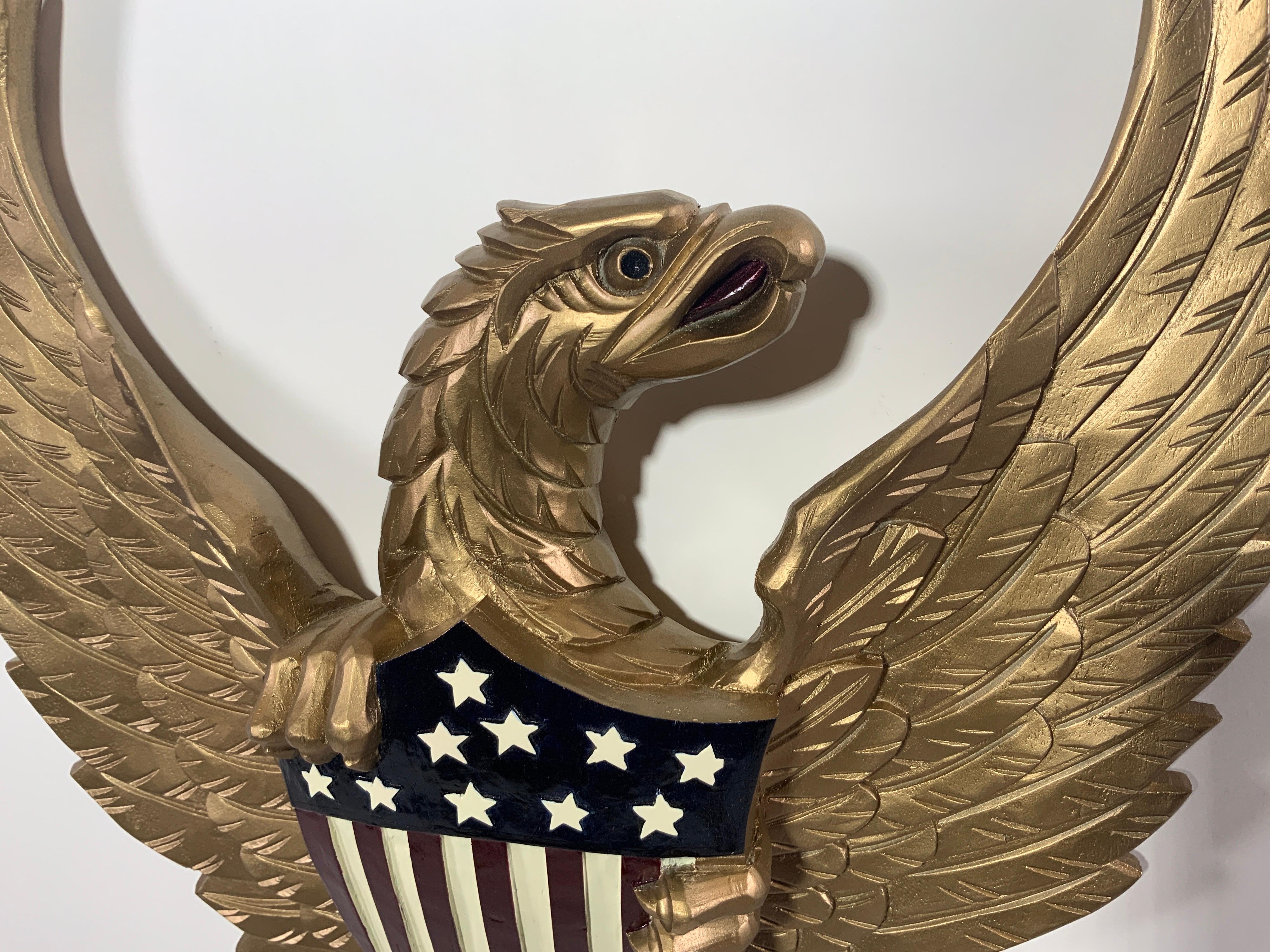 Contemporary Carved Wood American Eagle with Gold Finish For Sale