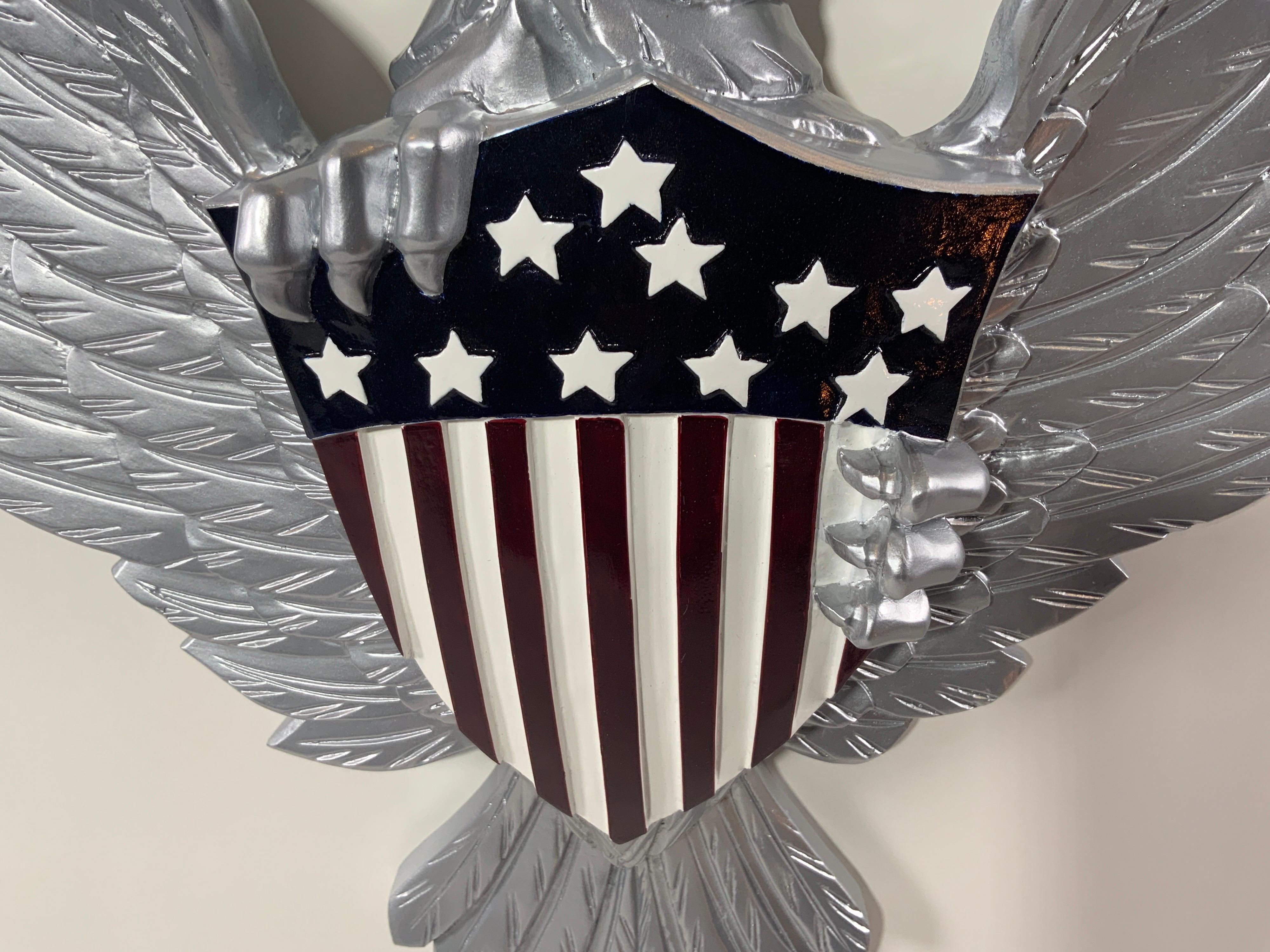 Carved Wood American Eagle with Silver Finish In Excellent Condition For Sale In Norwell, MA