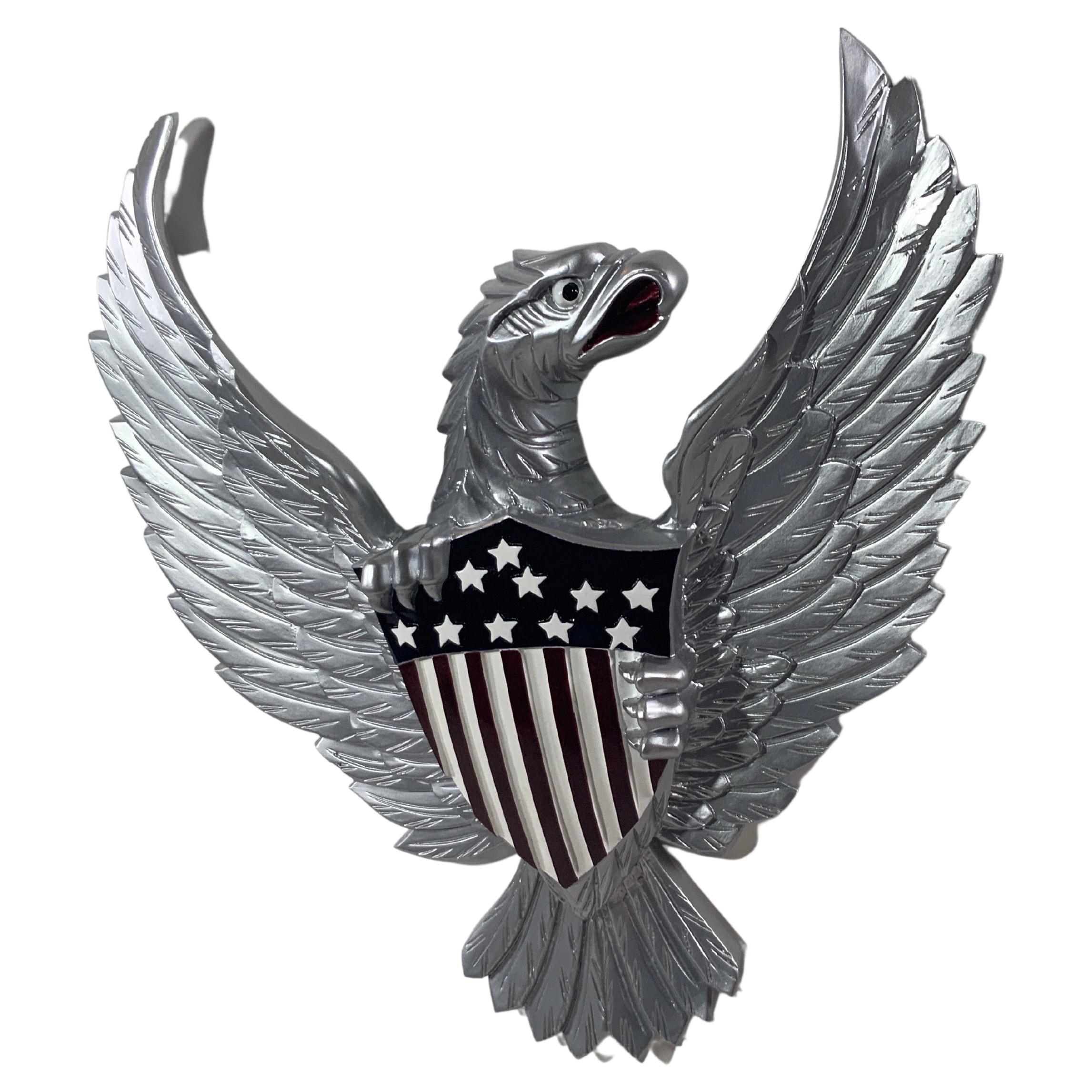 Carved Wood American Eagle with Silver Finish For Sale