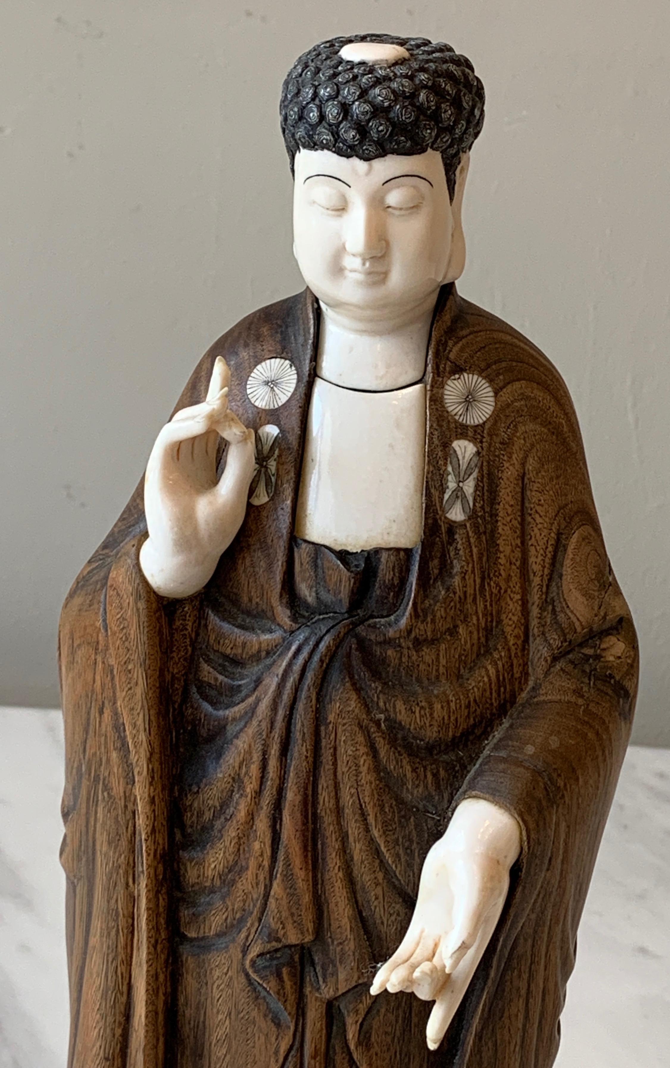 Carved Wood and Bone Standing Buddha For Sale 4
