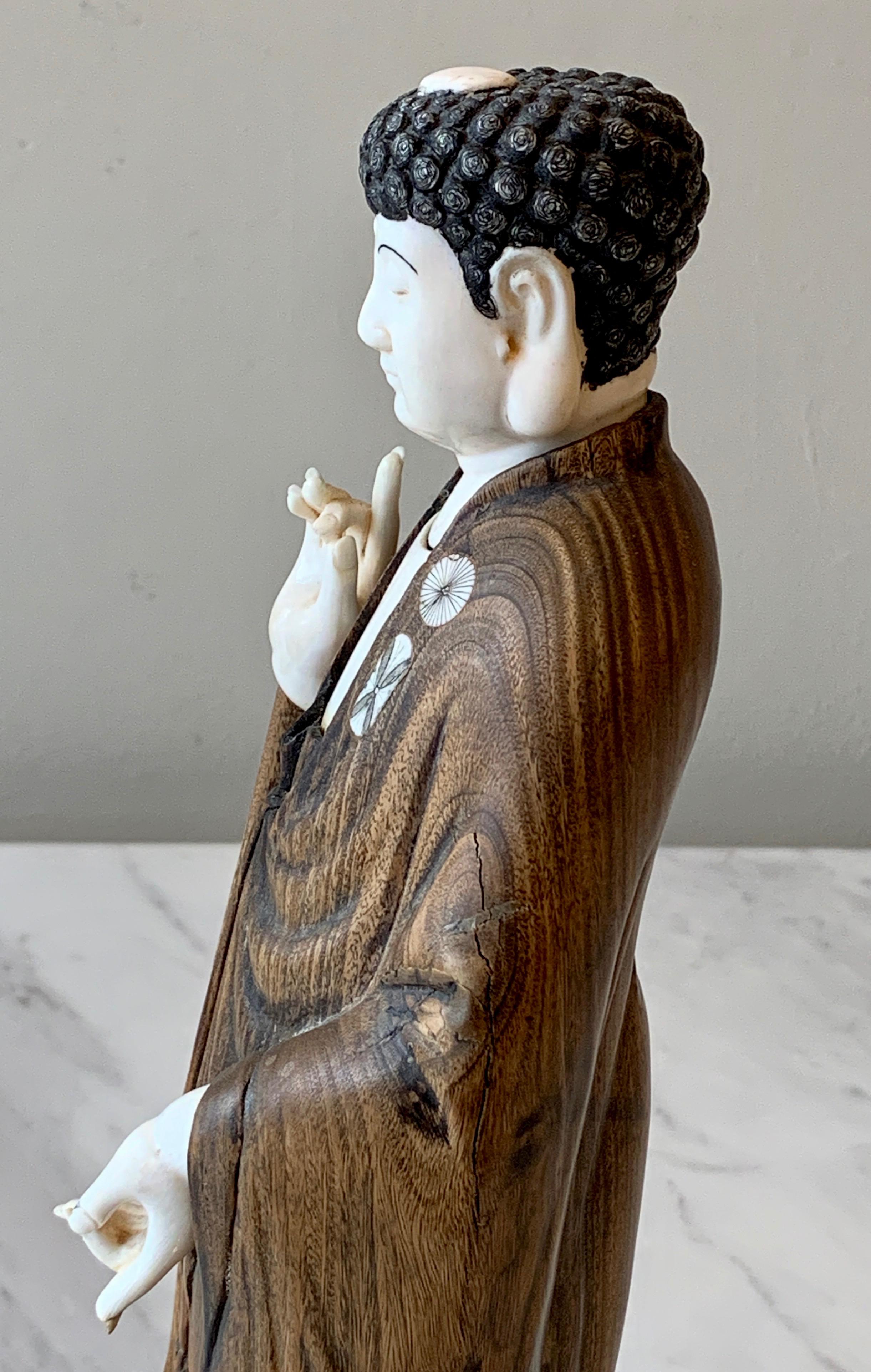 Carved Wood and Bone Standing Buddha For Sale 6