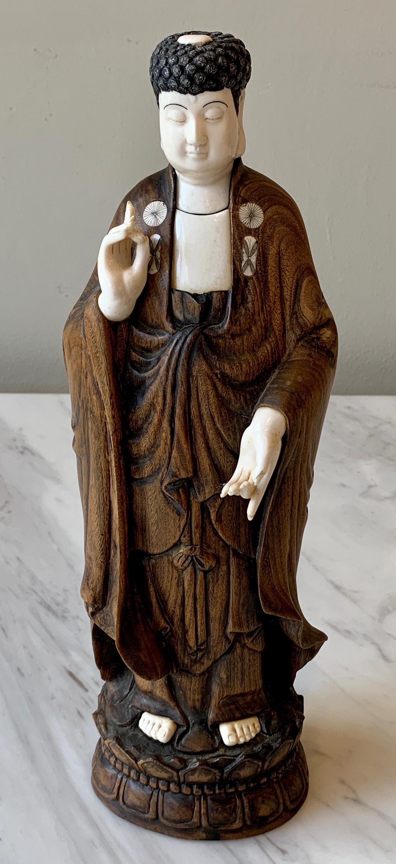 Carved Wood and Bone Standing Buddha For Sale 3